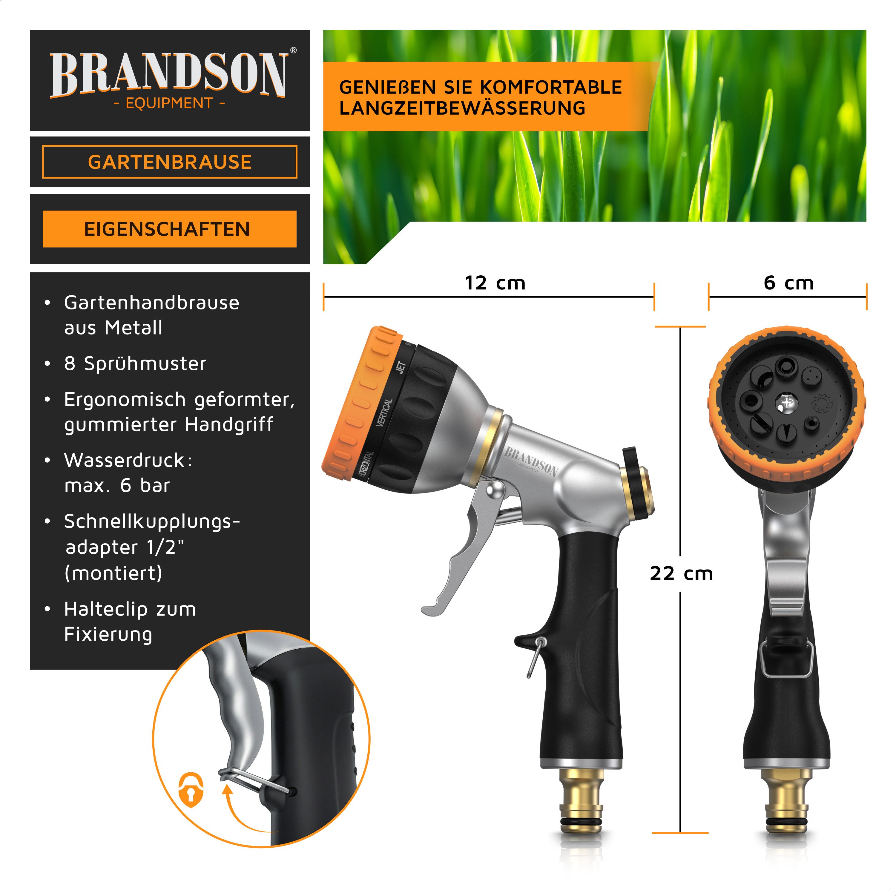 Brandson Multifunktionsbrause Garten Handbrause Metall, Gartenbrause, 8 Sprühmuster, Gartenpistole, (1-St), gummierter Griff, Wasserdurchfluss regelbar, Schnellkupplungsanschluss
