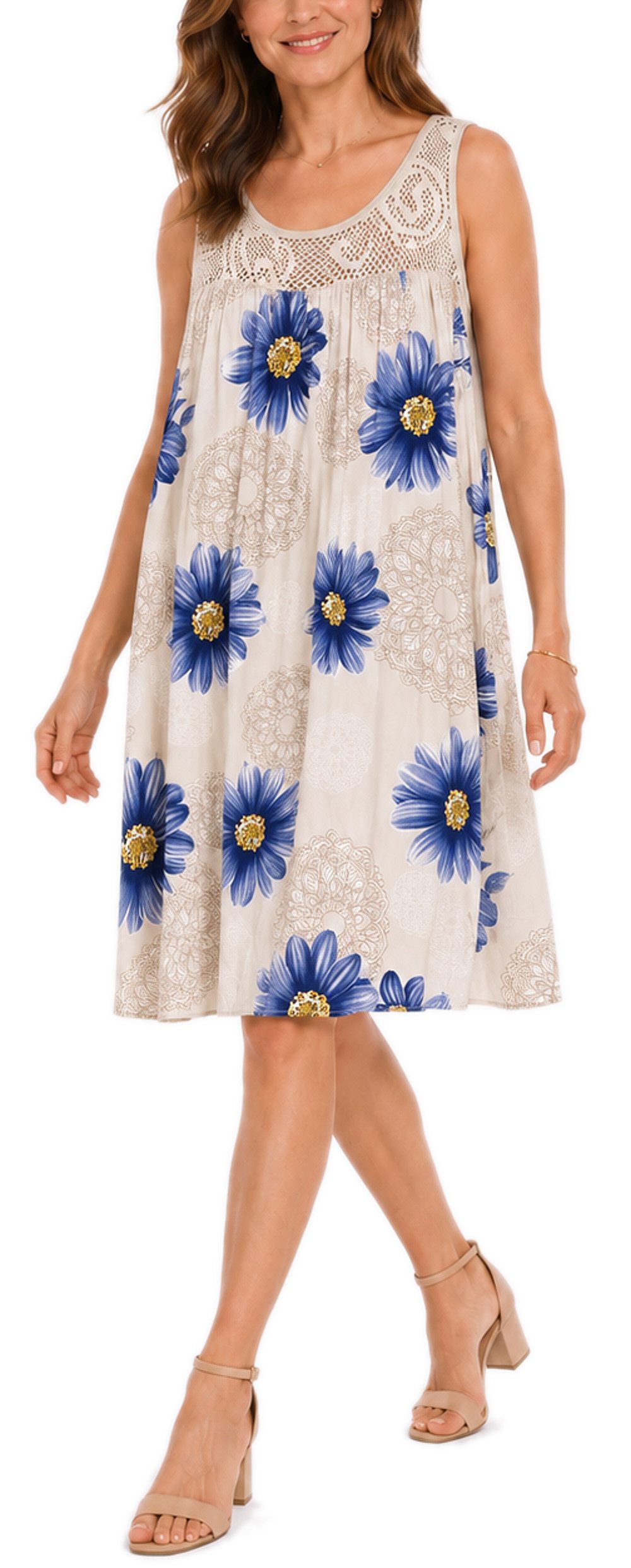 dy_mode Midikleid Damen Sommerkleid Blumenmuster Midi Kleid Strandkleid knielang Knielang, Transparente Häkel-Einsatz im Dekolleté- und Rückenbereich