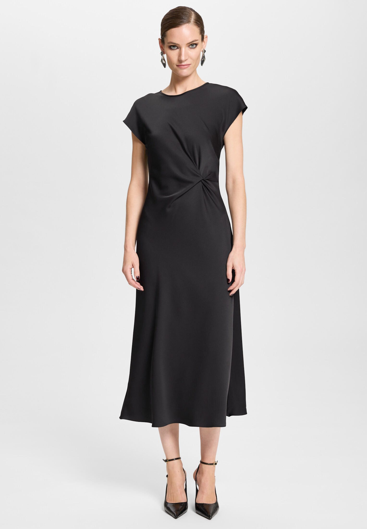 SWING Cocktailkleid - Midi Kleid mit Knoten Detail Figurbetonte Passform mit fließendem Rockteil