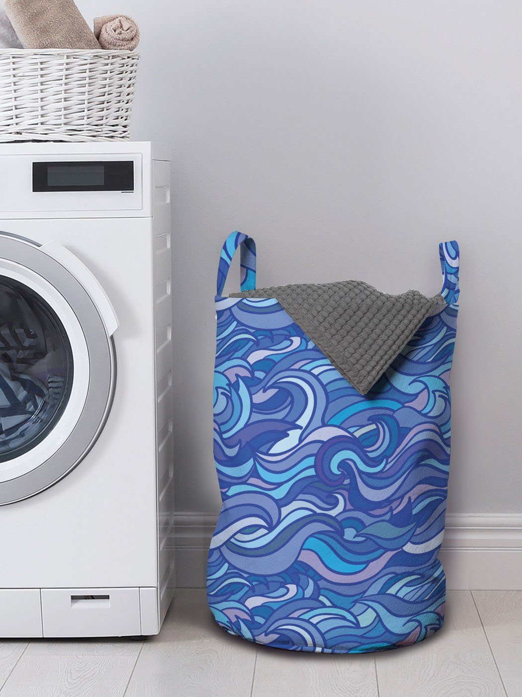 Knorrige Blaue Abstrakt Waves Wäschekorb Griffen Kordelzugverschluss für Abakuhaus mit Wäschesäckchen Töne Waschsalons,