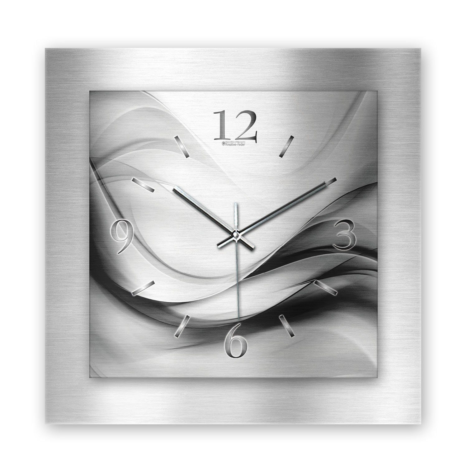 Kreative Feder Wanduhr 3D Designer-Wanduhr „Abstrakt Silber“ aus gebürstetem Aluminium (3D-Wölbung, einzigartiges Zwei-Platten-Design, flüsterleises Uhrwerk)