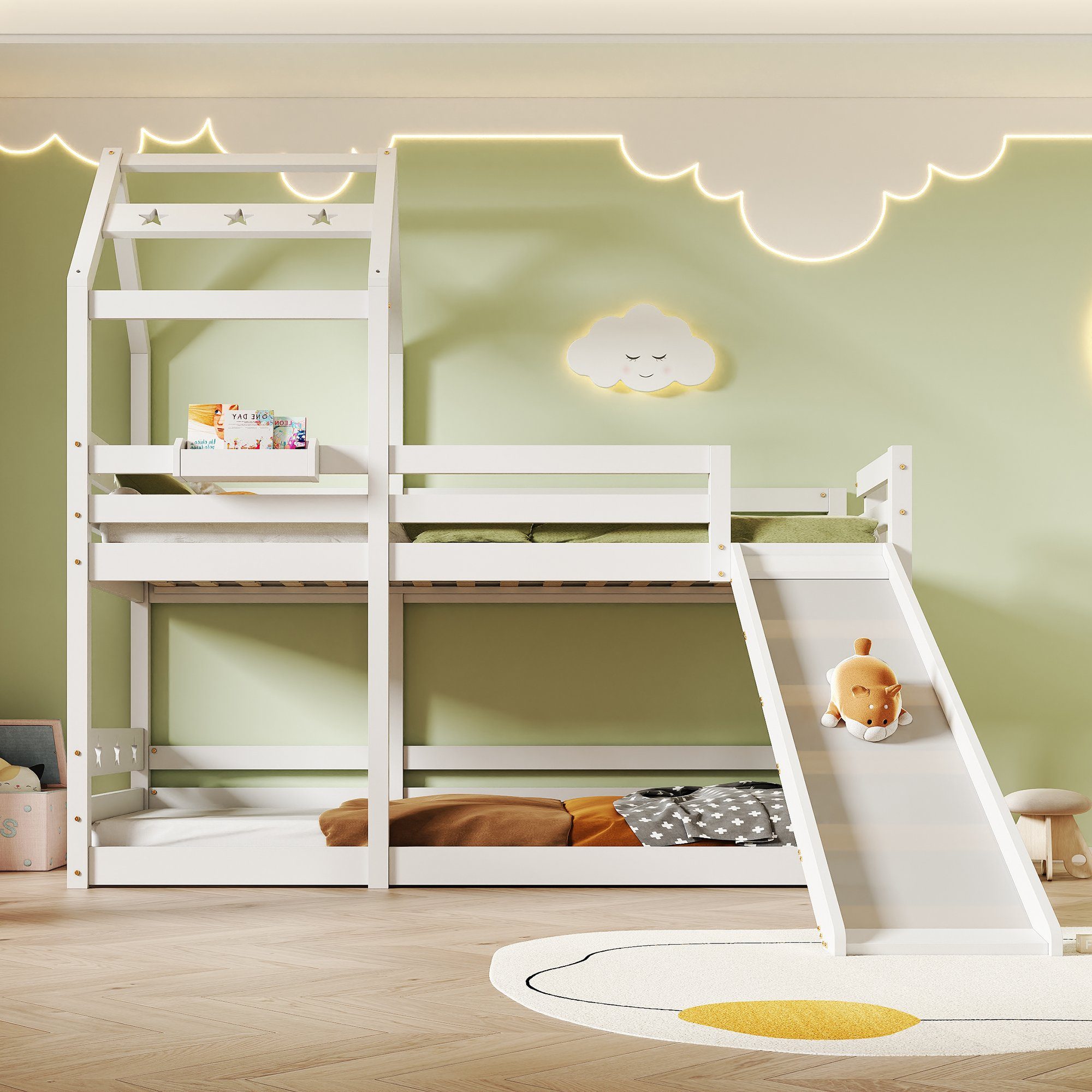 Etagenbett (Hausbett mit Lattenrost), Kinderbett mit Rutsche, Leiter und Rausfallschutz 90x200cm