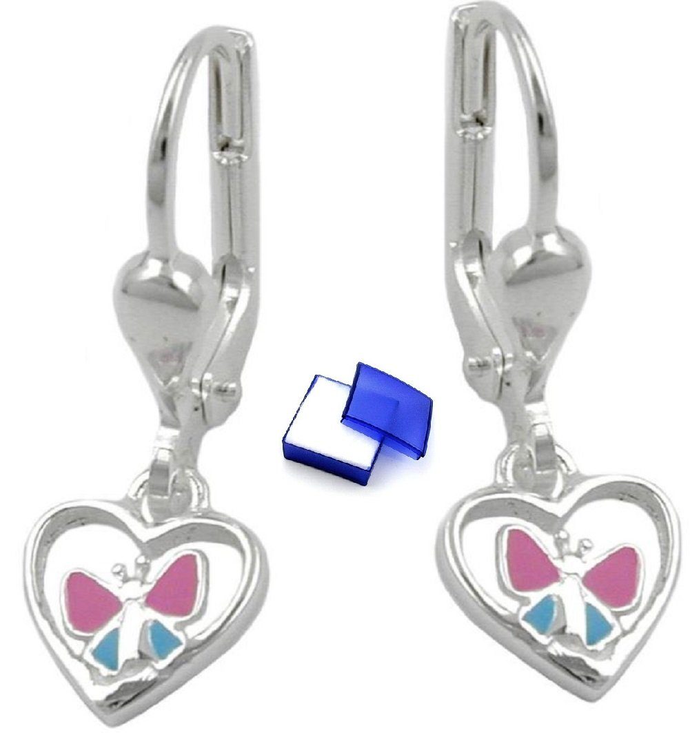 unbespielt Paar Ohrhänger Brisur Herz mit Schmetterling hellblau pink 925 Silber 23 x 7 mm, Silberschmuck für Kinder