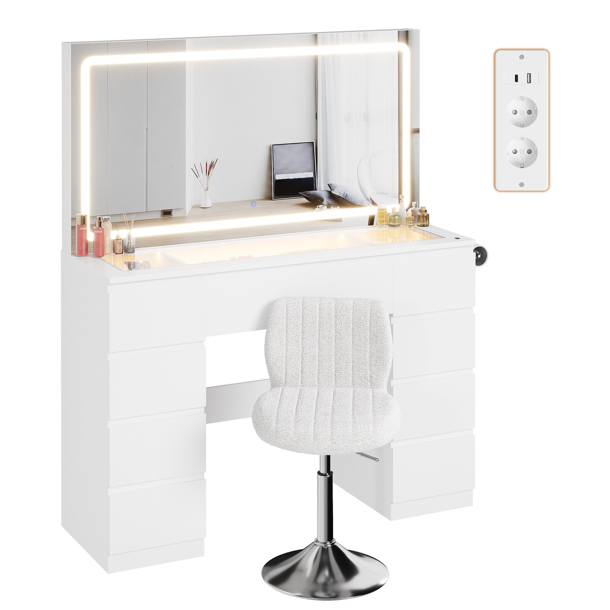 HOMALL Schminktisch Extra großer LED-Schminkspiegel mit Frisiertisch und Stuhl im Set (Kinderschminktisch 115 × 40 × 139 cm, 7 Schubladen, mit integrierter Steckdose + USB-/Typ-C-Anschluss, Föhnhalterung, Schminktisch- und Stuhl-Set optional erhältlich, schön und praktisch)