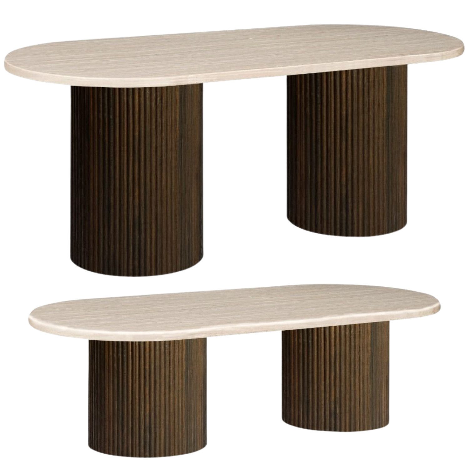alesvelt Esstisch & Couchtisch Design Set TRIVENTO oval massive Travertin Design (2er-Set), edle Travertin-Optik 200x100x75cm 130x70x45cm im Säulenstil