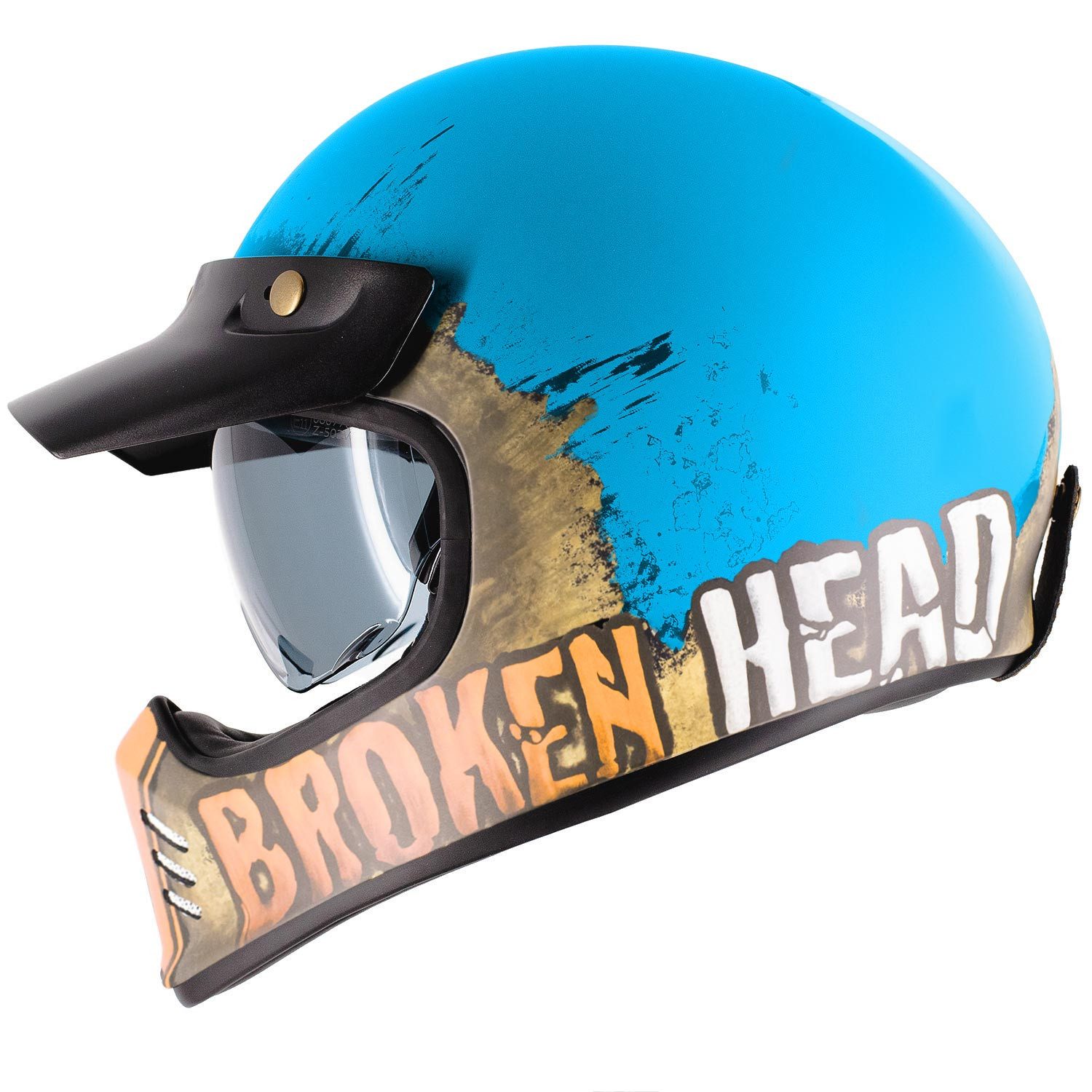 Broken Head Motocrosshelm Rusty Rider Blau-Orange, Old-School Optik