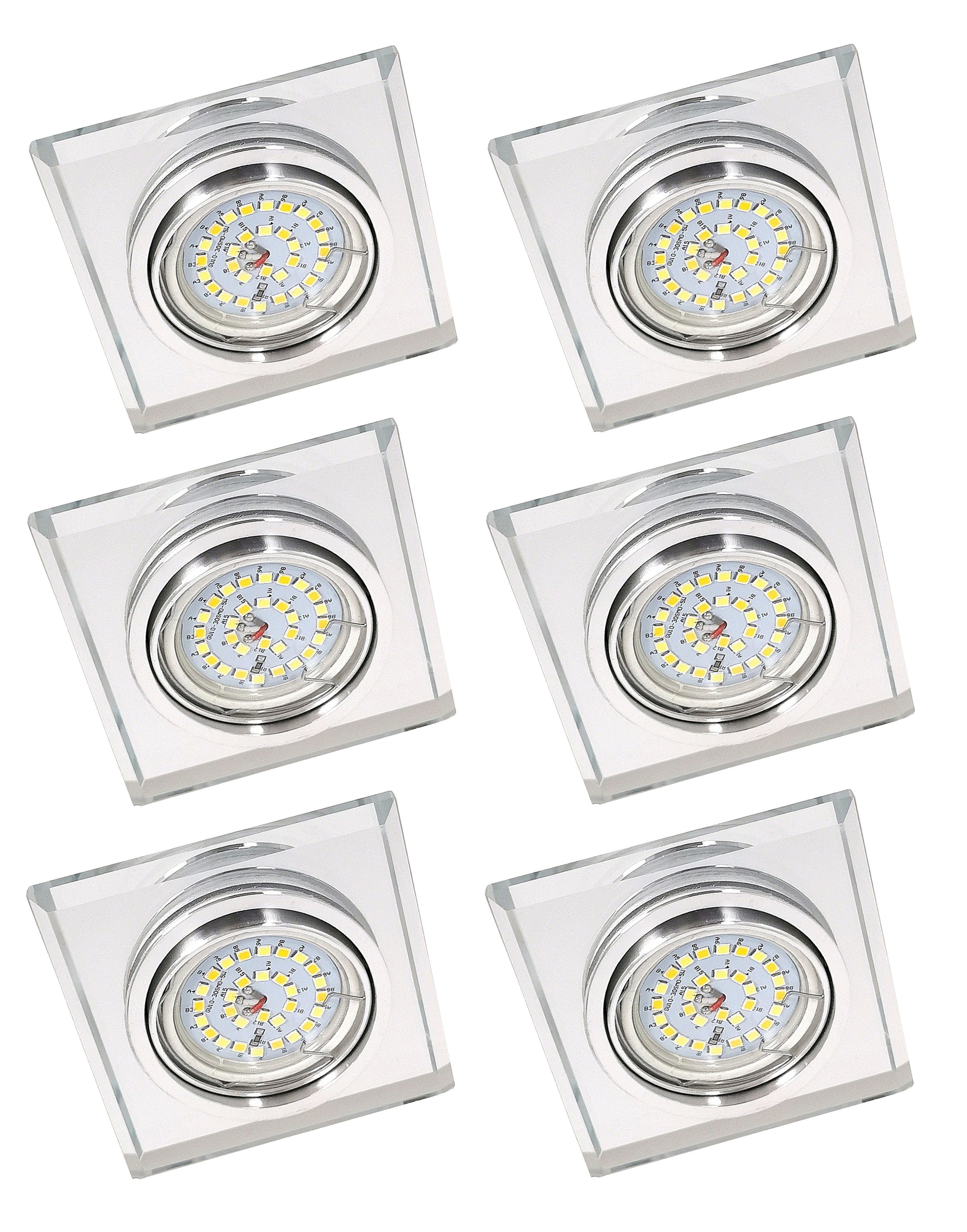 TRANGO LED Einbauleuchte, 6er Set 6729S-06M36K LED Einbaustrahler *CRYSTAL* Deckenstrahler aus Echtglas handgeschliffen inkl. 6x 5 Watt CCT Farbtemperatur Steuerung 2700K-4000K-6500K LED Modul, Einbauspot, Deckenleuchte, Downlight, Deckenlampe