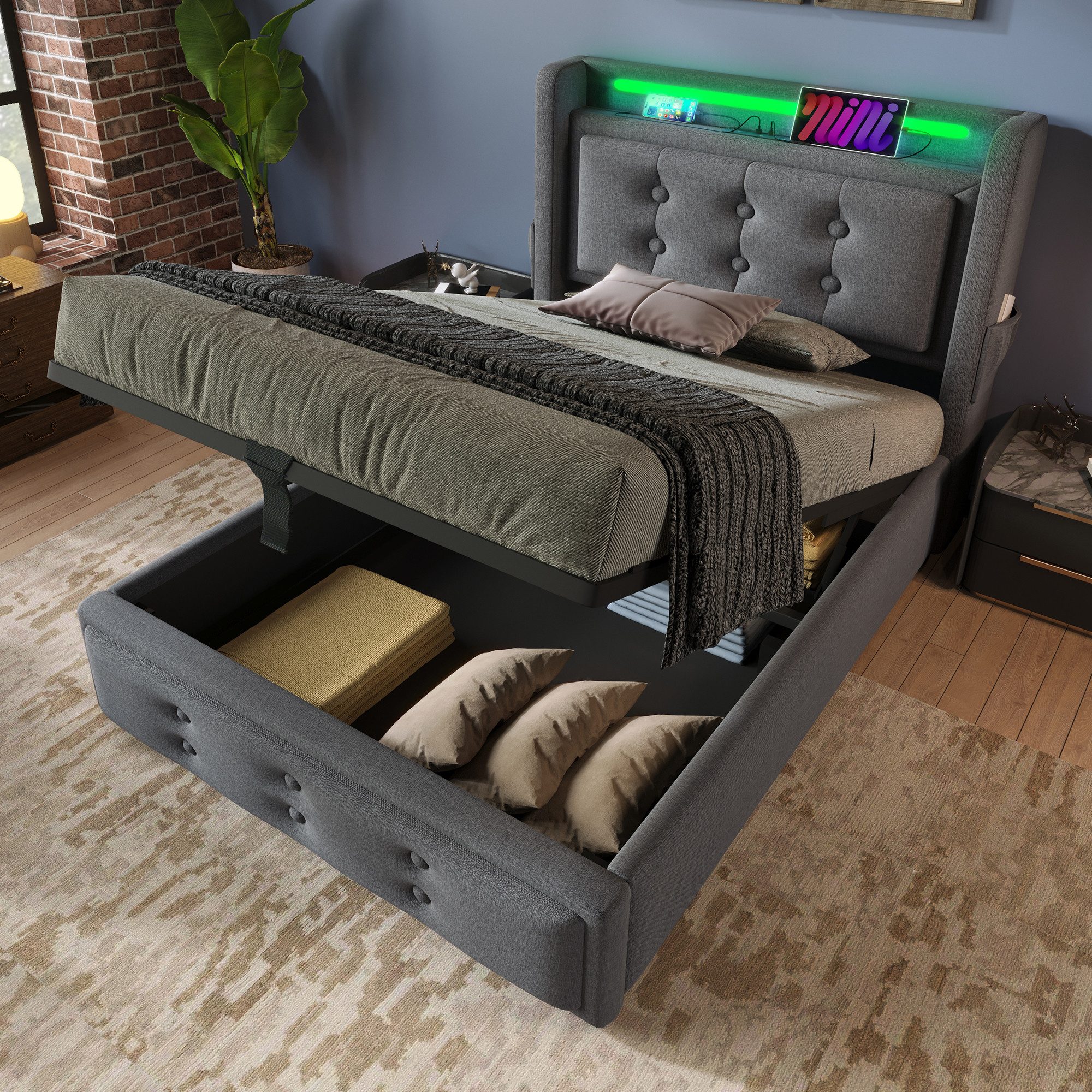 Flieks Polsterbett, LED Einzelbett 90x200cm mit Ladefunktion und hydraulisc günstig online kaufen
