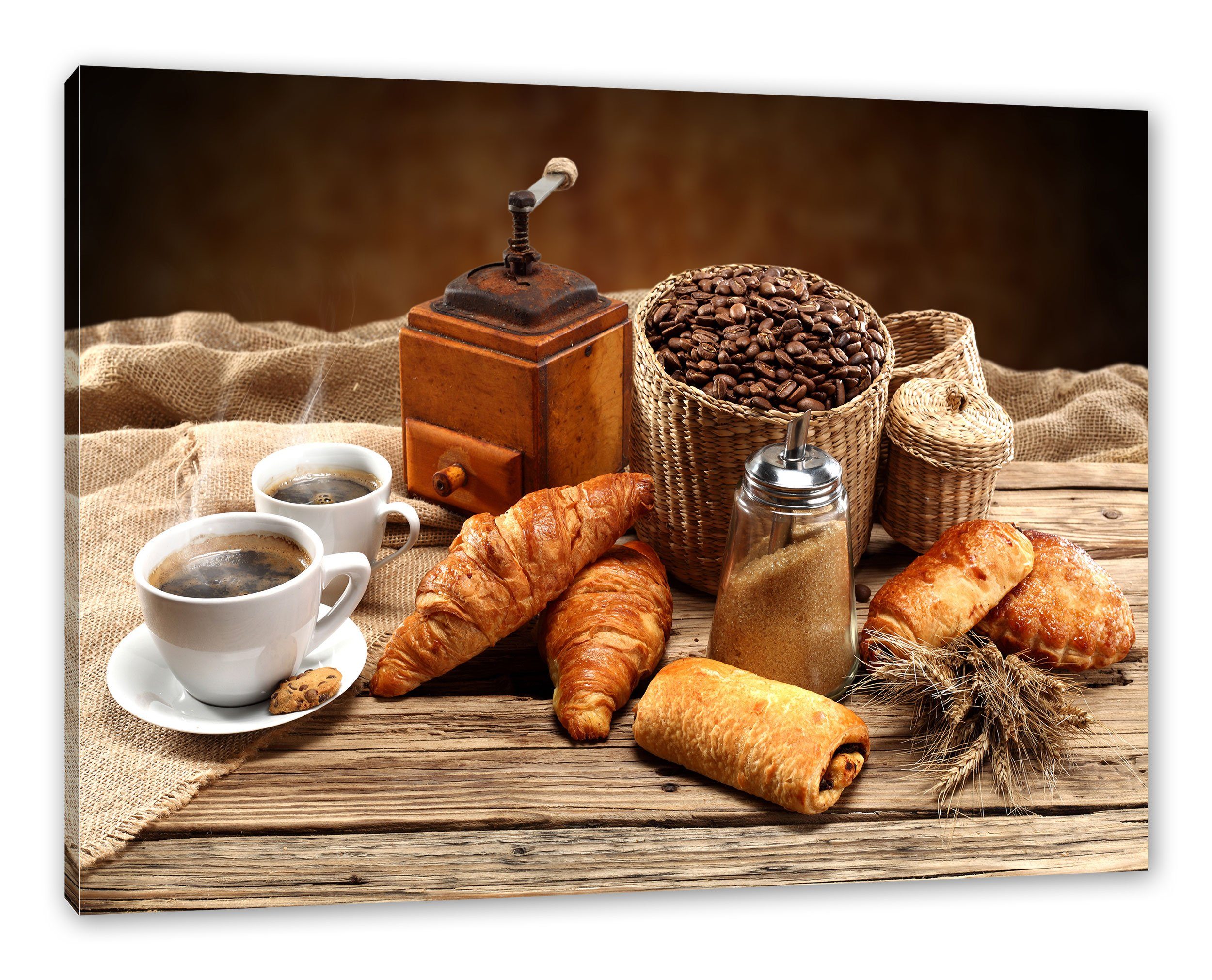 Pixxprint Leinwandbild Aromatischer Kaffee mit Croissant, Aromatischer Kaffee mit Croissant (1 St), Leinwandbild fertig bespannt, inkl. Zackenaufhänger