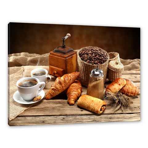Pixxprint Leinwandbild Aromatischer Kaffee mit Croissant, Aromatischer Kaffee mit Croissant (1 St), Leinwandbild fertig bespannt, inkl. Zackenaufhänger