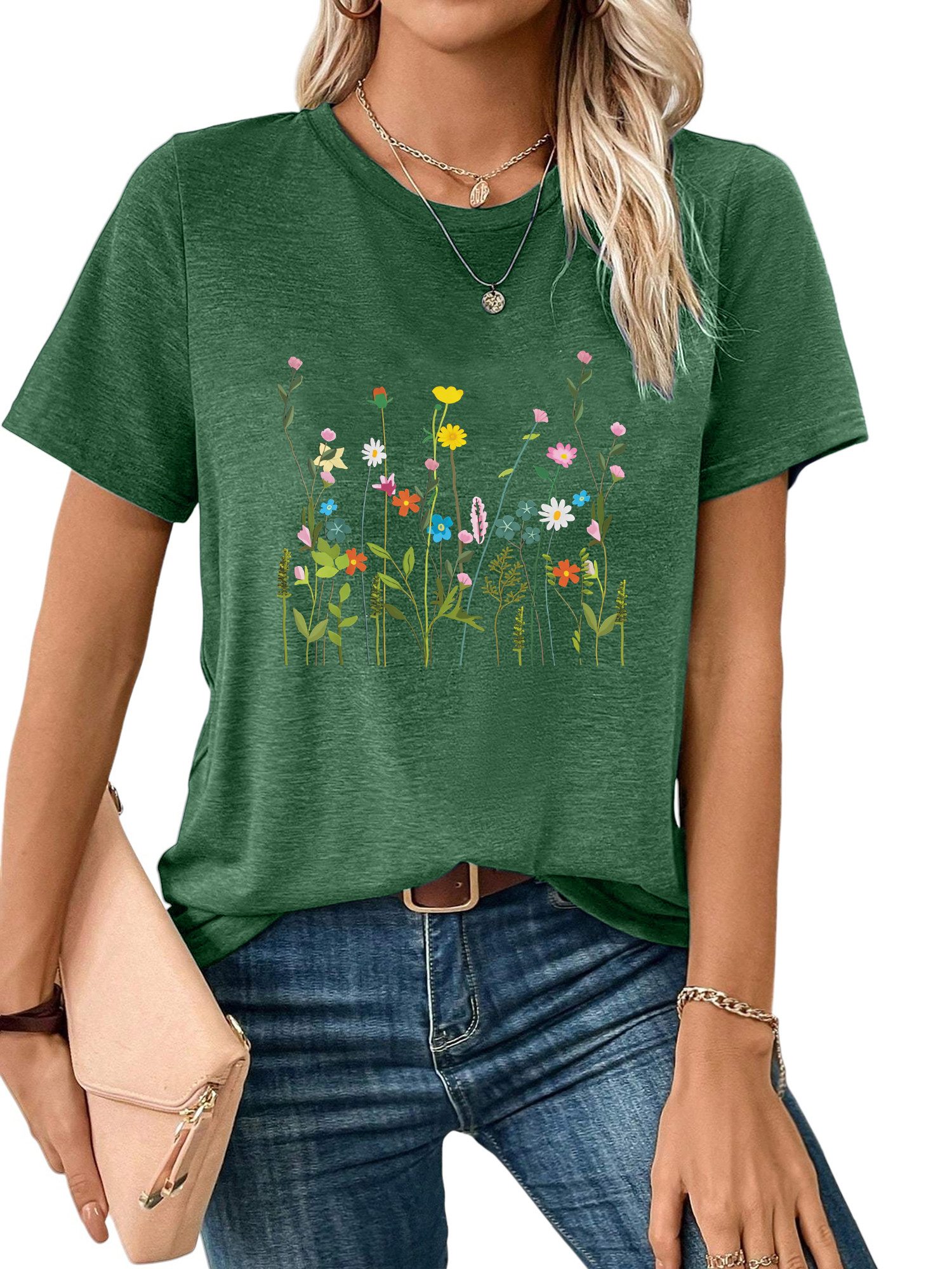 PYLIKE Rundhalsshirt Shirts Damen Frühling Blumen Ausgefallene bequemes t shirt Bequem für Freizeit und Büro,Strandurlaub