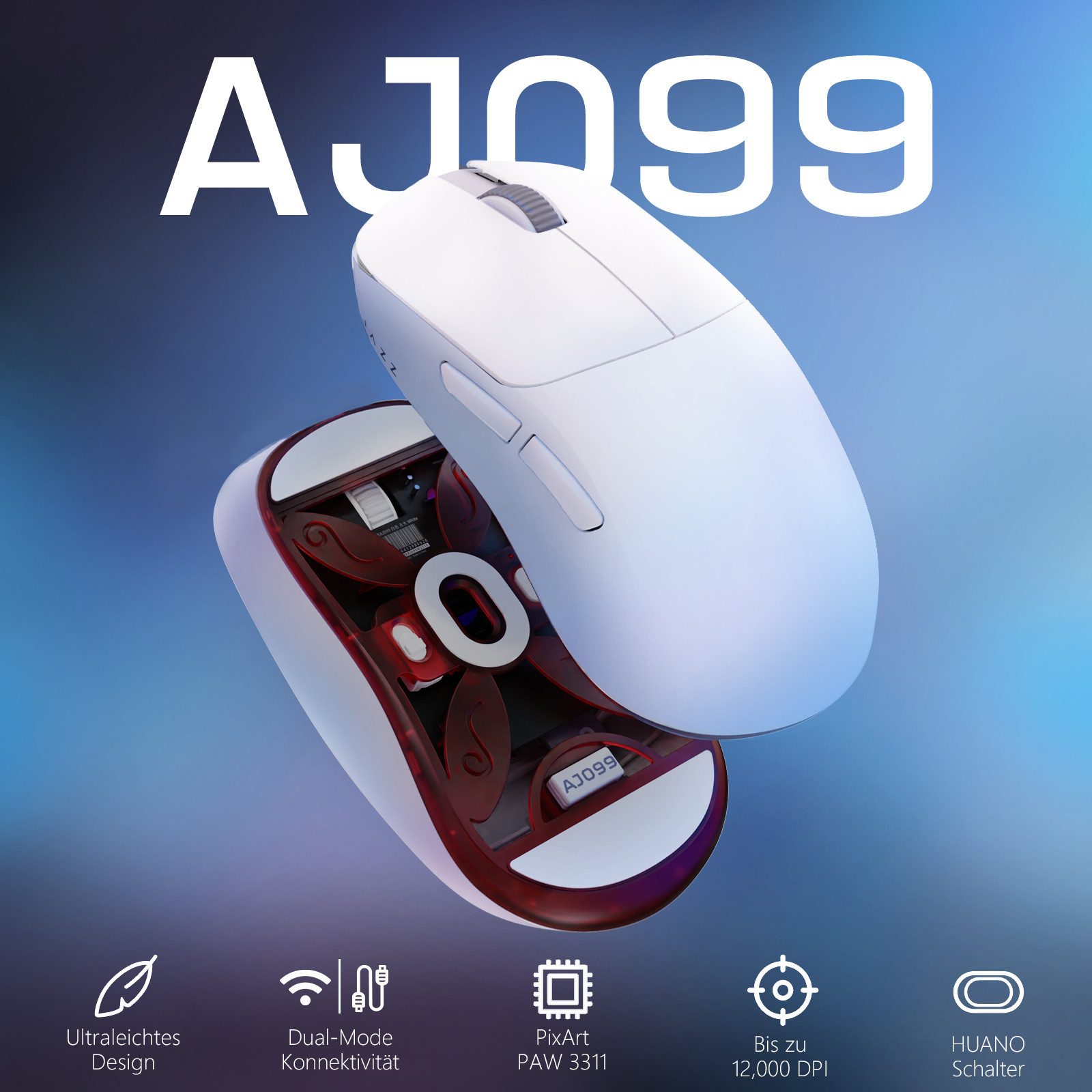 AJAZZ AJ099 Kabellos Gaming Maus, 54g Ultra-leicht Esports Maus Gaming-Maus (2.4G, USB-C, 2.4G,20 Mio Zyklen)