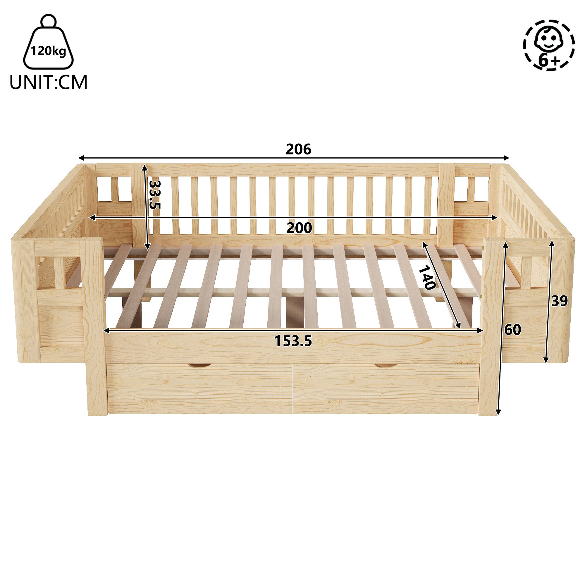 Merax Kinderbett mit Schutzgitter und 2 großen Schubladen (1-tlg), Massivholz Plattformbett 140x200cm Stauraumbett Jugendbett – Bild 5 von 5