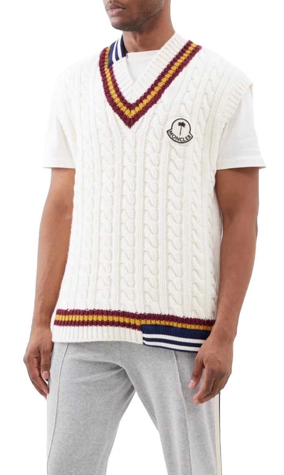 MONCLER Strickpullover Genius x Palm Angels Wollstrick Weste Off-White Teddy-Patch, grob gestricktes Zopfmuster