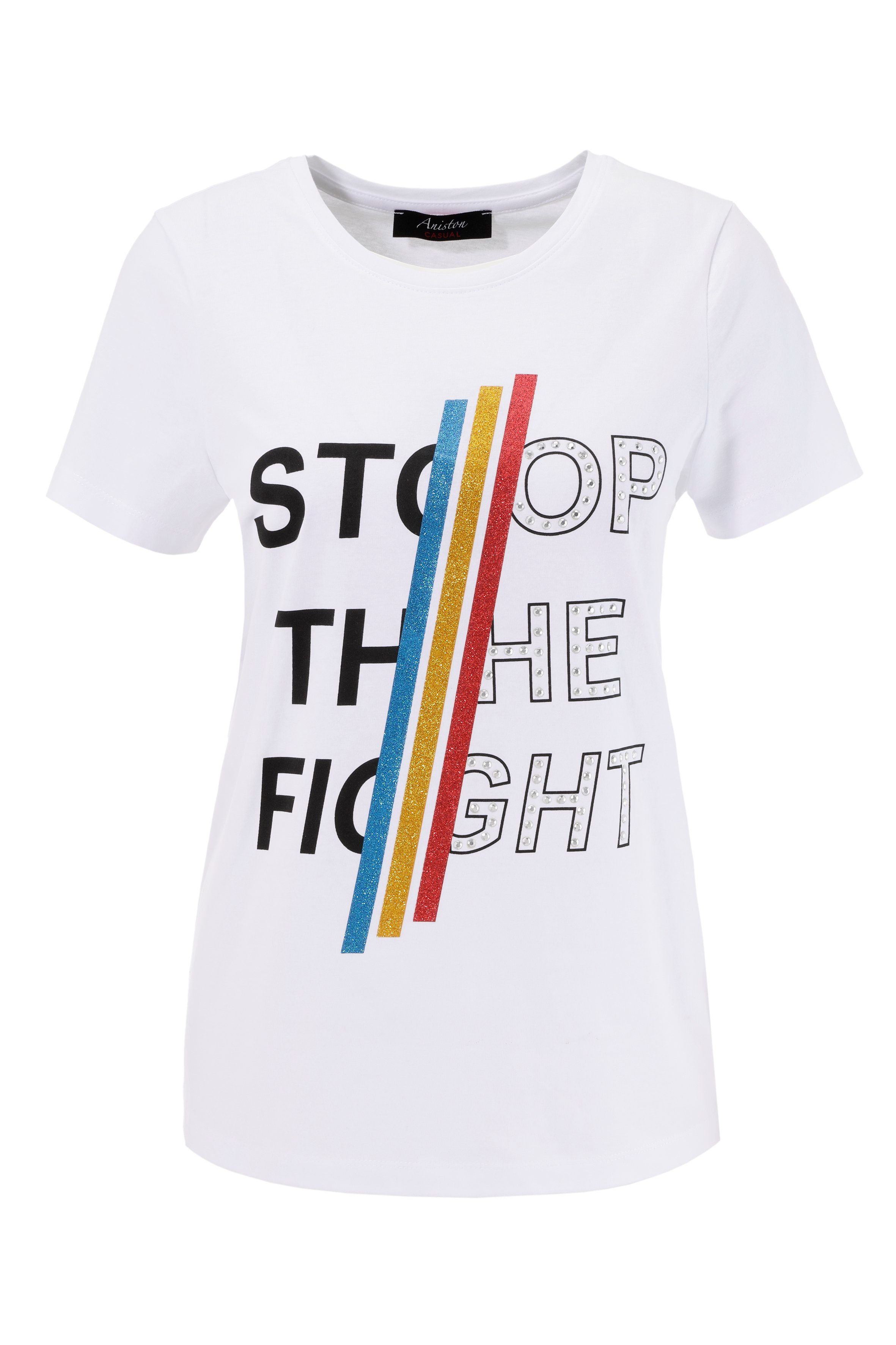 Aniston CASUAL bunten Print-Shirt Glitzerstreifen, und mit Nieten Schriftzug