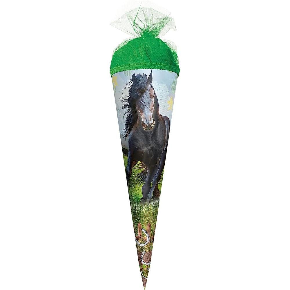 Roth Schultüte Power Horse / Pferd, 50 cm, rund, mit grünem Tüllverschluss, Zuckertüte für Schulanfang