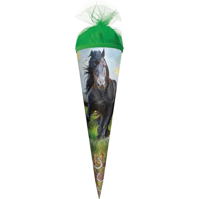 Roth Schultüte Power Horse / Pferd 35 cm rund mit grünem Tüllverschluss Zuckertüte für Schulanfang