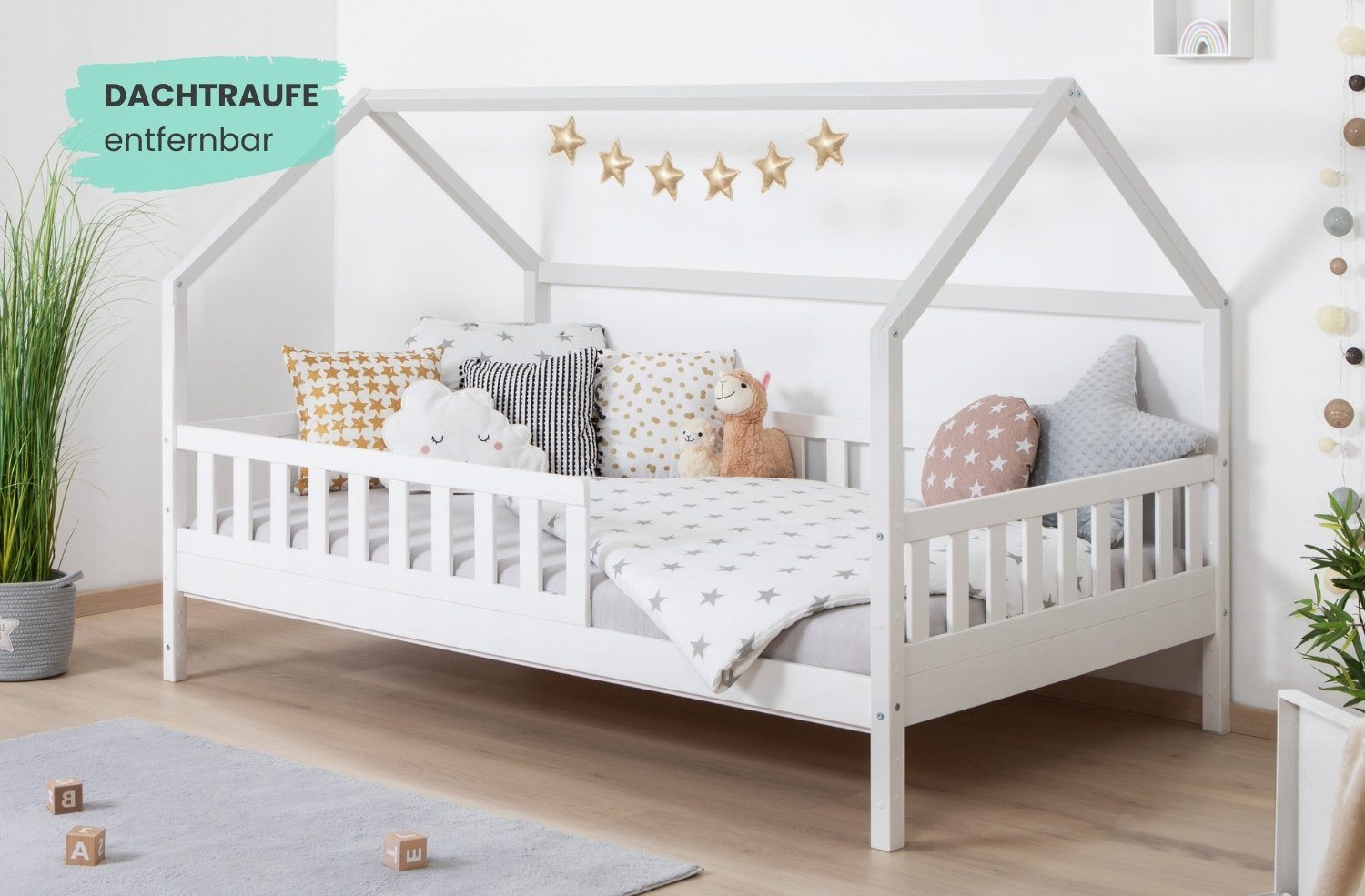 Ticaa Hausbett Kay mit Rausfallschutz aus Kiefer, Kinderbett 140x200, inkl. Dach, mit Rollrost – Bild 4 von 5