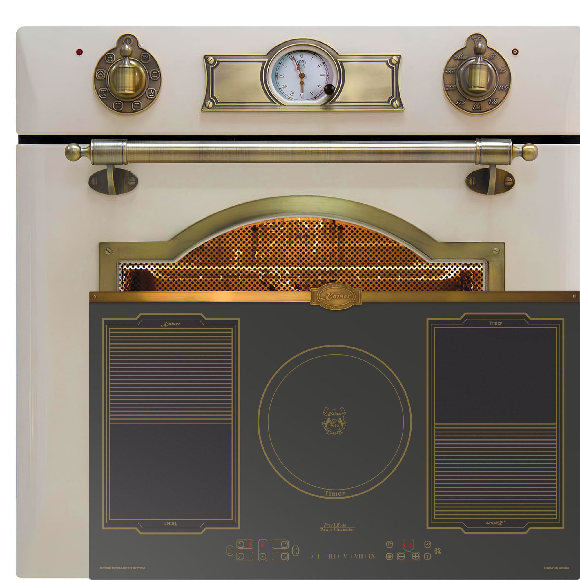 Kaiser Küchengeräte Backofen-Set Herd Set Autark Elektro,Retro, Autark, 60cm, 67L, 8 Funktionen,Elfenbein+ Induktionskochfeld 90 cm, FREE Zone, Autark, Scratch-Guard EH 6355 ElfEm+KCT 9196 IEm., mit 1-fach-Teleskopauszug