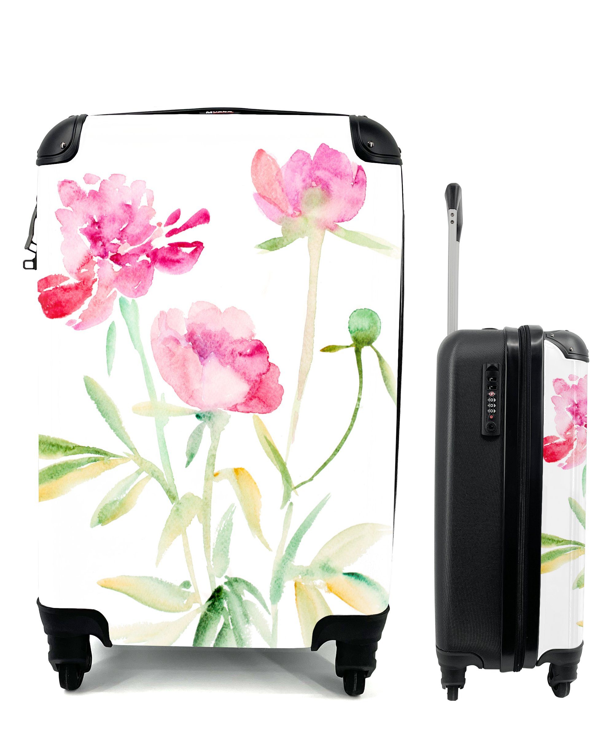 MuchoWow Handgepäckkoffer Blumen - Aquarell - Rosa, 4 Rollen, Reisetasche mit rollen, Handgepäck für Ferien, Trolley, Reisekoffer