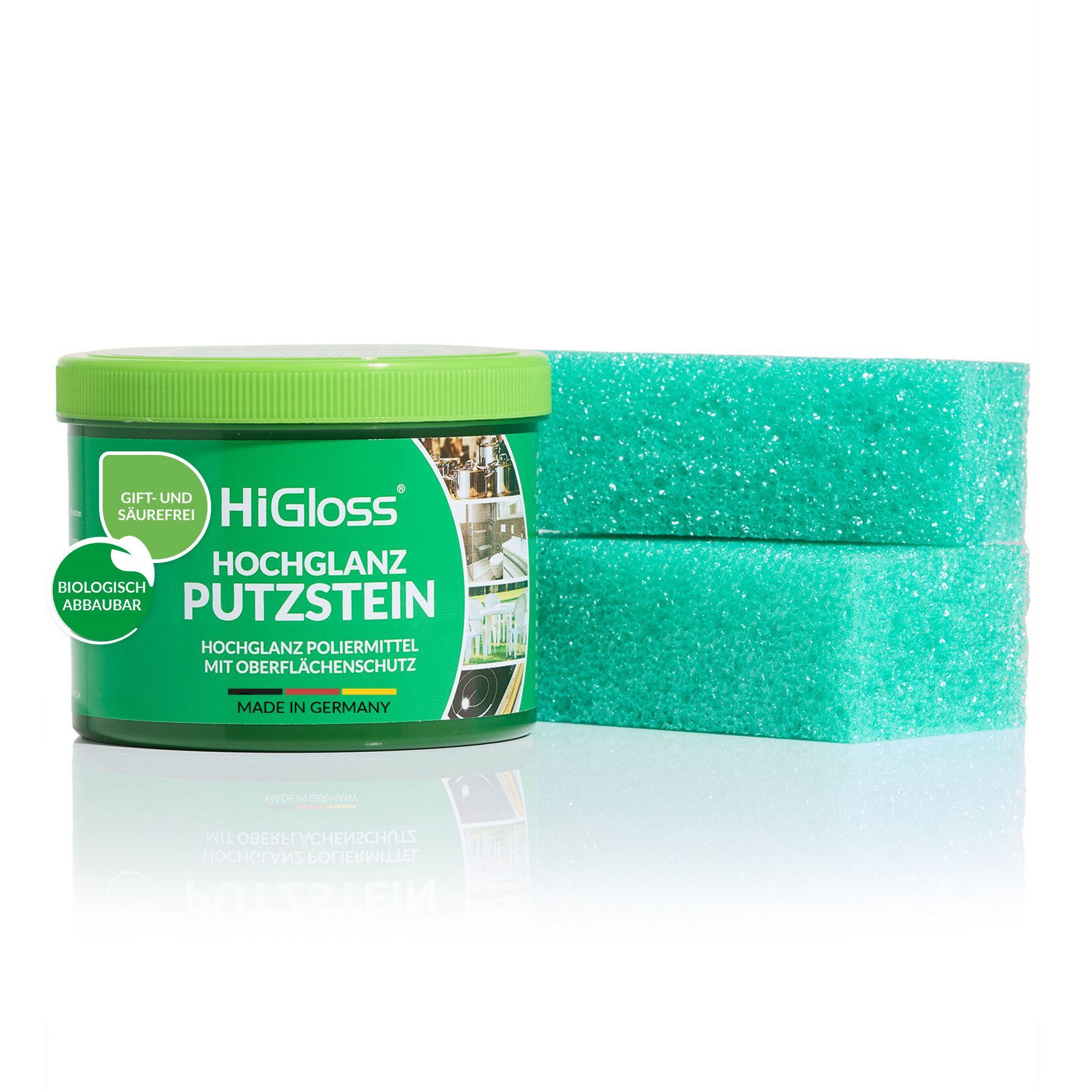 HiGloss Universal Allzweckreiniger Putzstein inklusive 2 Putzschwämmen Putzstein (900 Gramm kraftvoll gegen Schmutz, Fett & Kalk, pflegt, schützt & poliert)