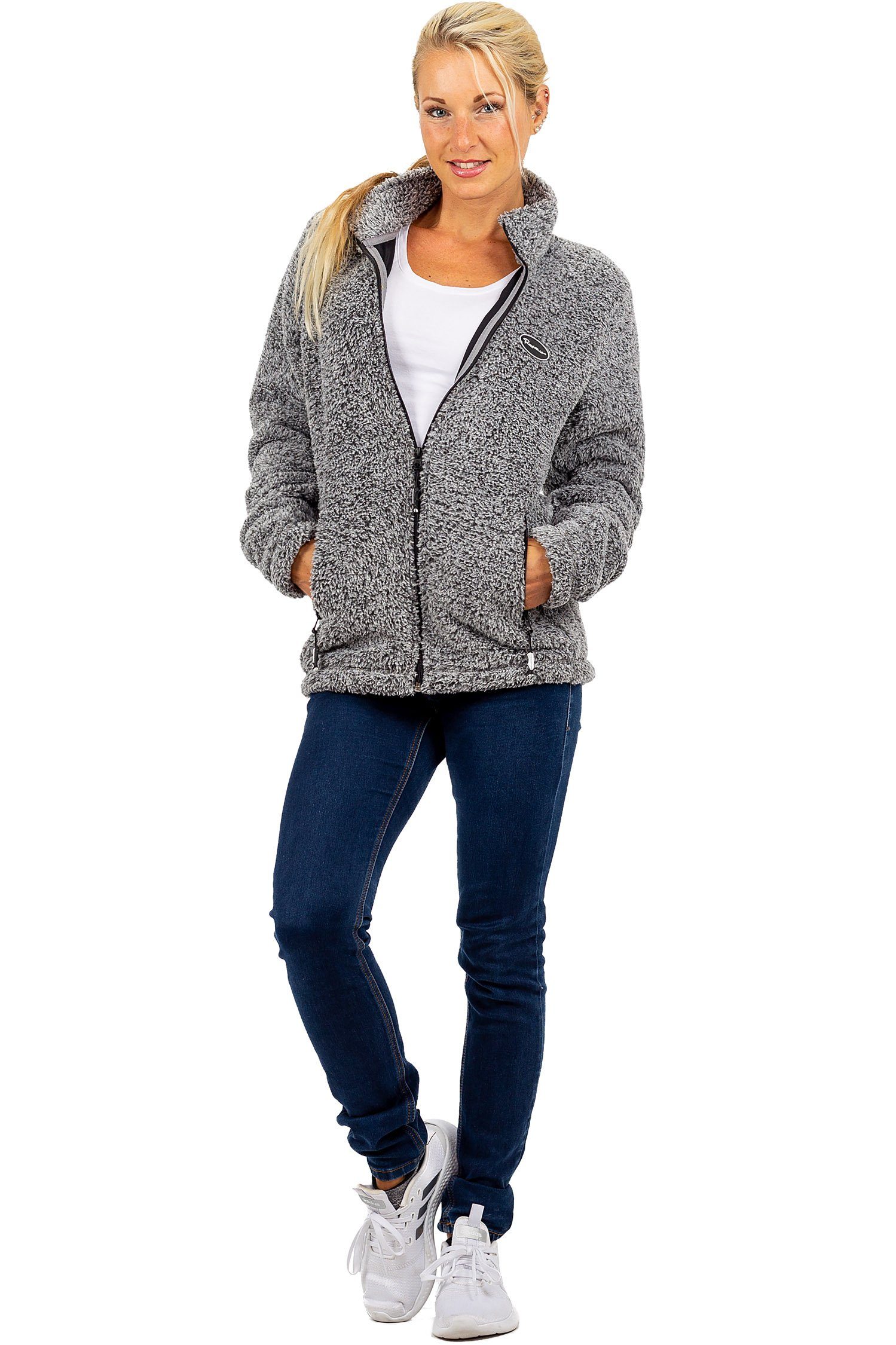 Reichstadt Fleecejacke Damen Regular Fit Flauschige Jacke Kuschelige 22RSW002 Extravagante Reißverschluss-Anhänger