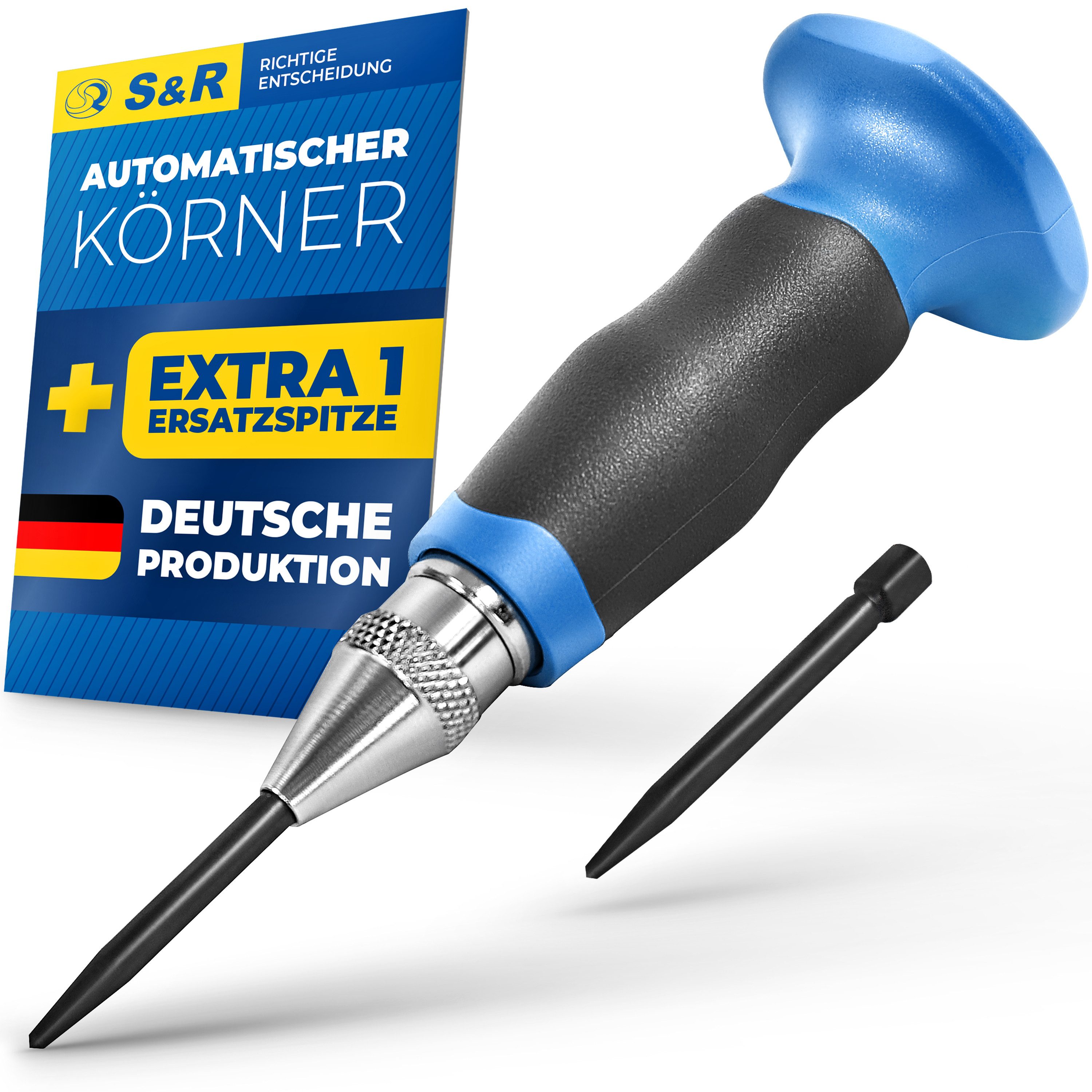 S&R Reißnadel Automatischer Körner/MADE IN GERMANY / 60-130 N, Ergo-Griff, (2-St. mit EXTRA 1 Ersatzspitze), Automatik-Körner, Vorkörner