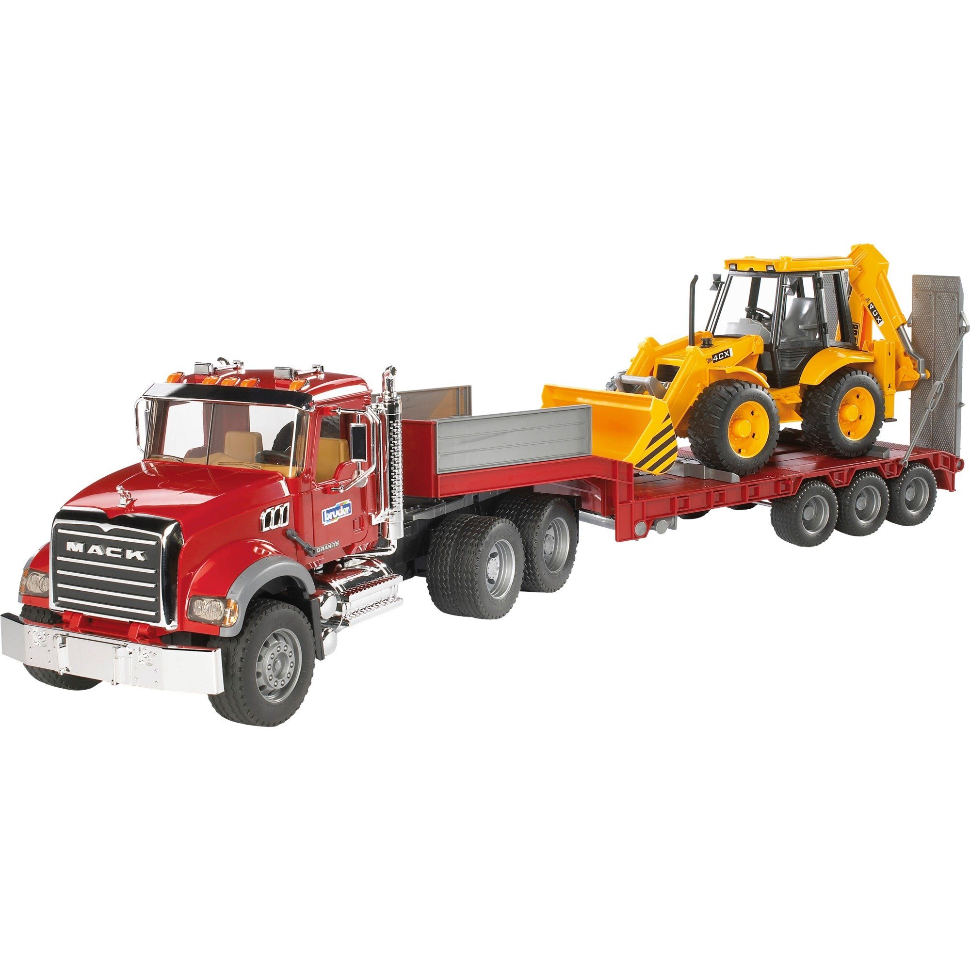 Spielzeug-LKW bruder MACK Granite Tieflader und JCB 4CX