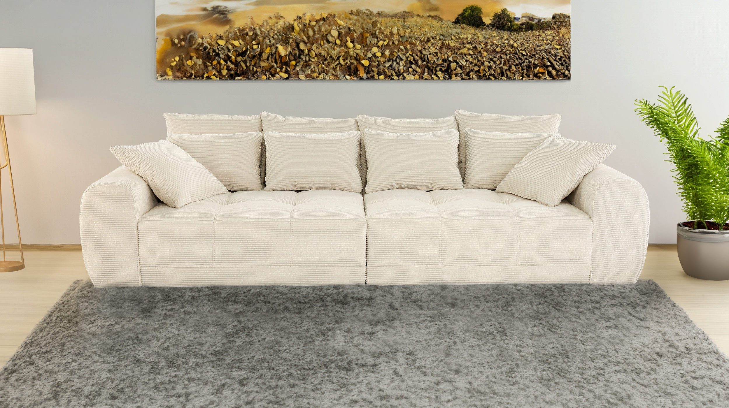 Massivart® Big-Sofa JANNI beige Cordbezug 308 cm 4-Sitzer, Federkernpolsterung, 4 Rückenkissen, 4 mittlere Kissen, 2 Zierkissen | Big Sofas
