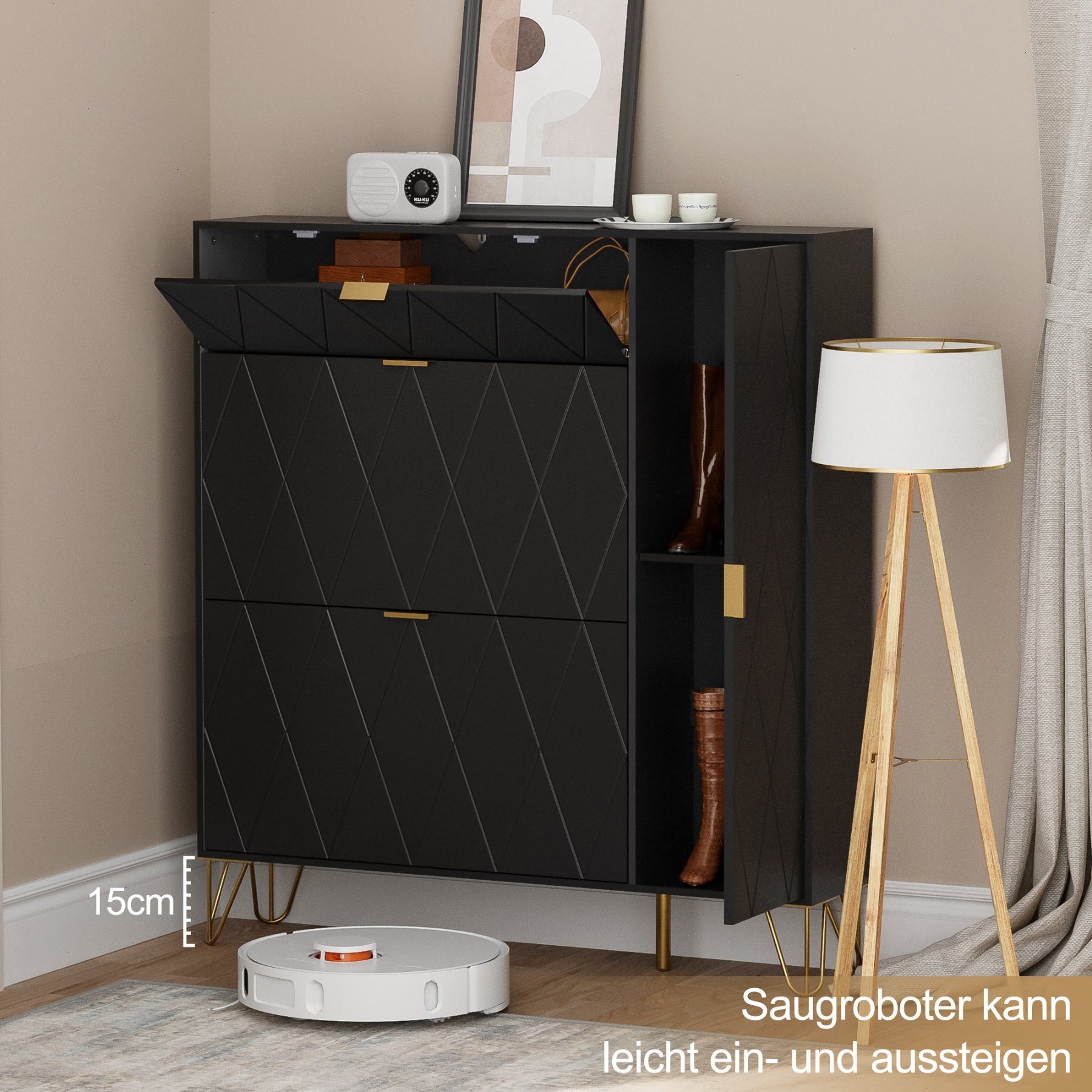 UEV Schuhschrank mit 4 Klappen schmal Schuhkipper Schuhregal (Packung, 105x24x120cm) verstellbare und herausnehmbare Trennwände für verschiedene Schuhtypen – Bild 4 von 5