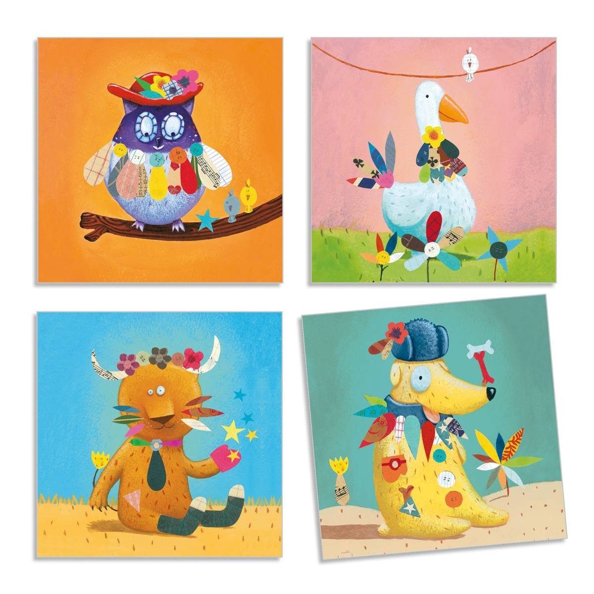 DJECO Kreativset Sticker und Vorlage Tiere 16 Vorlagen und 6 Stickerfolien basteln