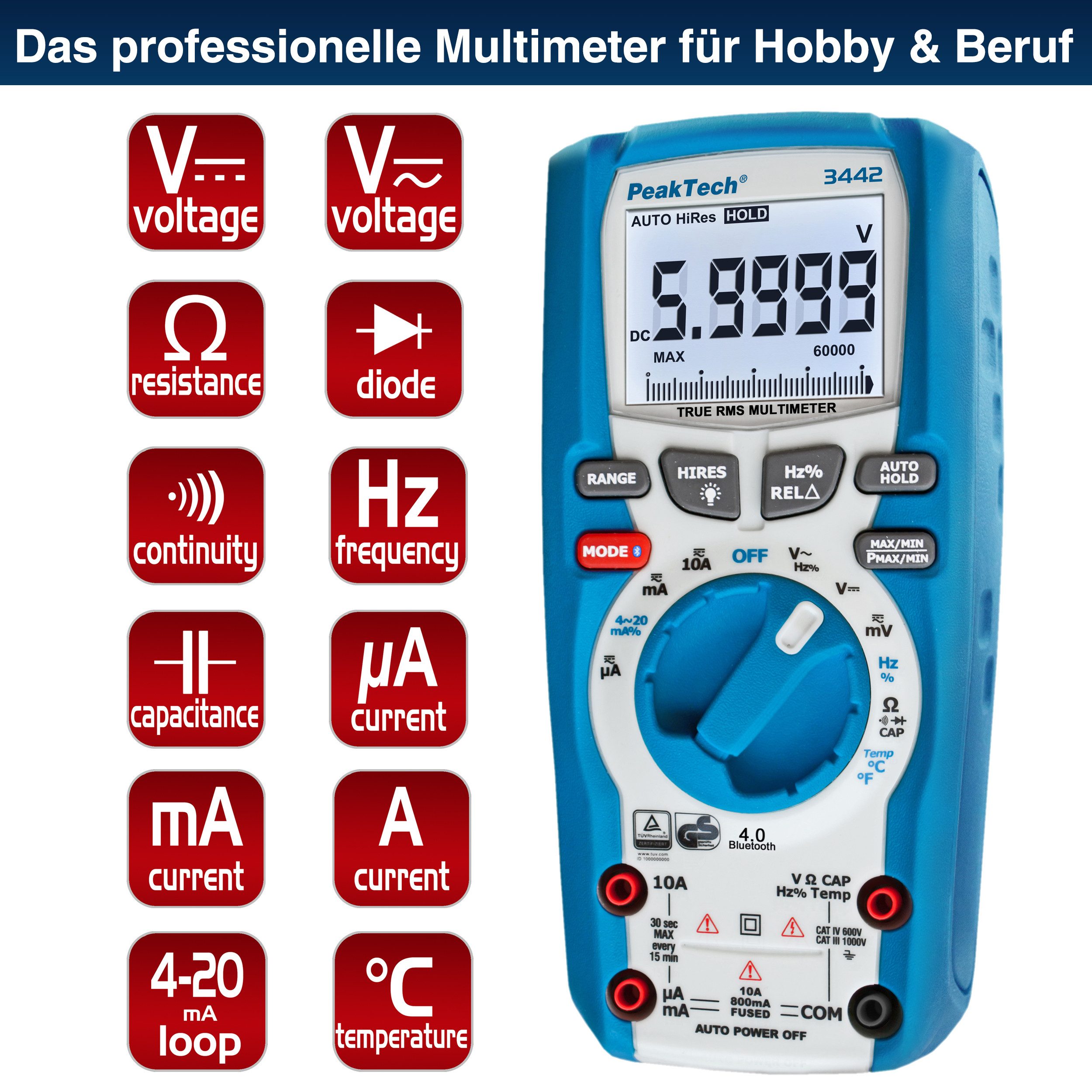 PeakTech Multimeter CAT III 1000V TRMS Digitalmultimeter 60000 Counts