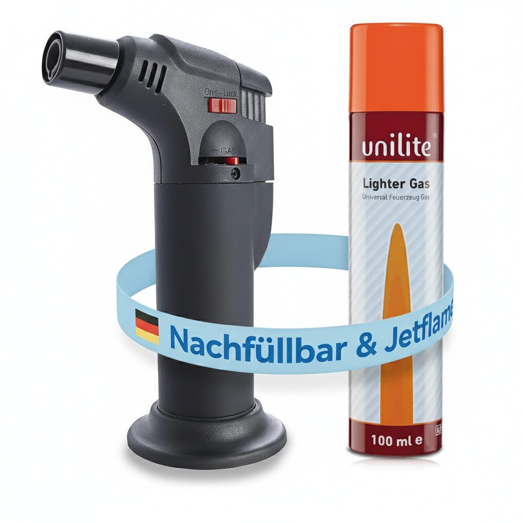 TOM Flambierbrenner Gasbrenner mit 100ml Nachfüllflasche, (2-tlg), Piezo-Zündung, 1300°C, Butan/Propan Gas