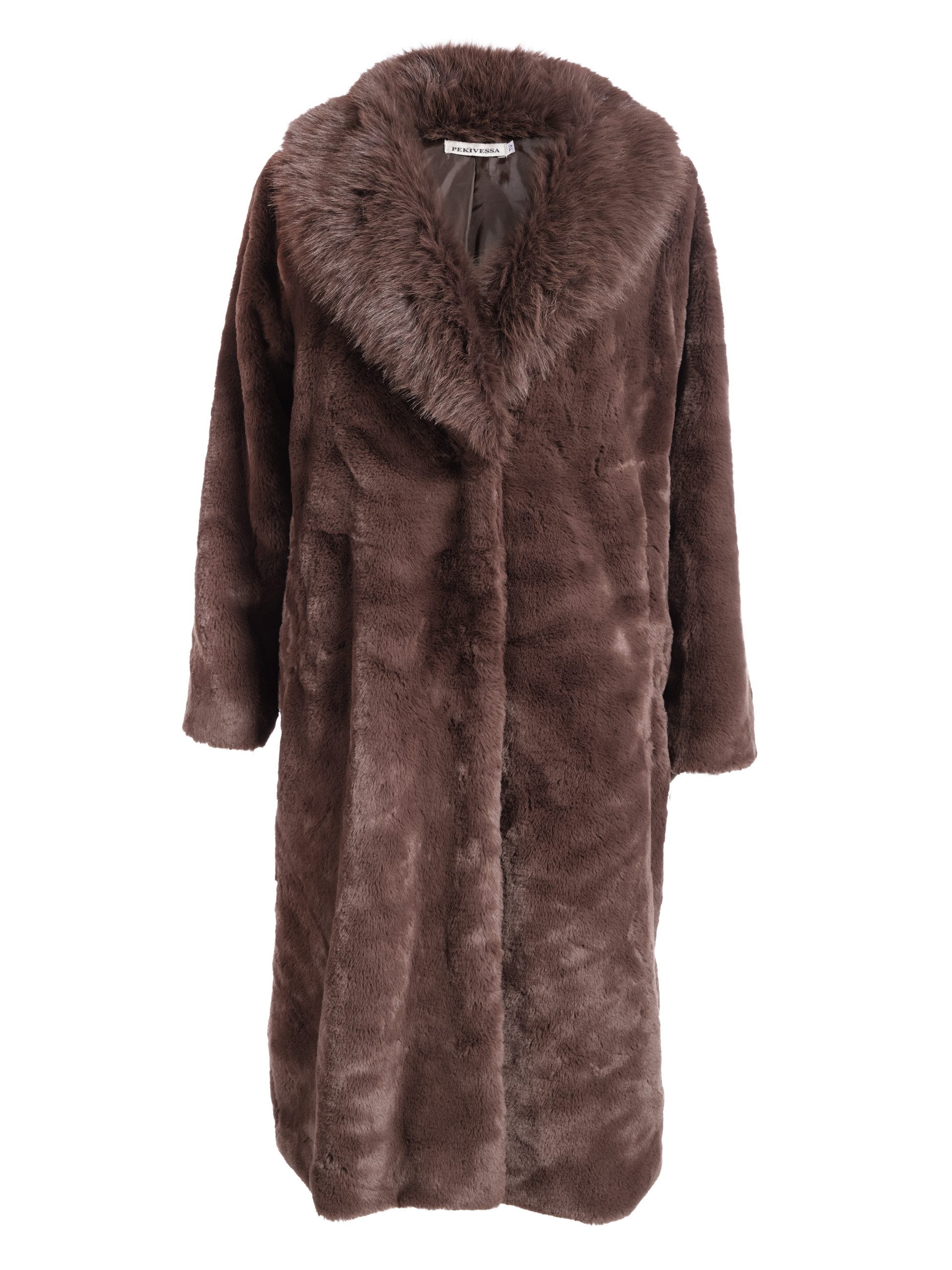 PEKIVESSA Wintermantel Flauschiger Midi-Mantel aus Fellimitat mit elegantem Schalkragen