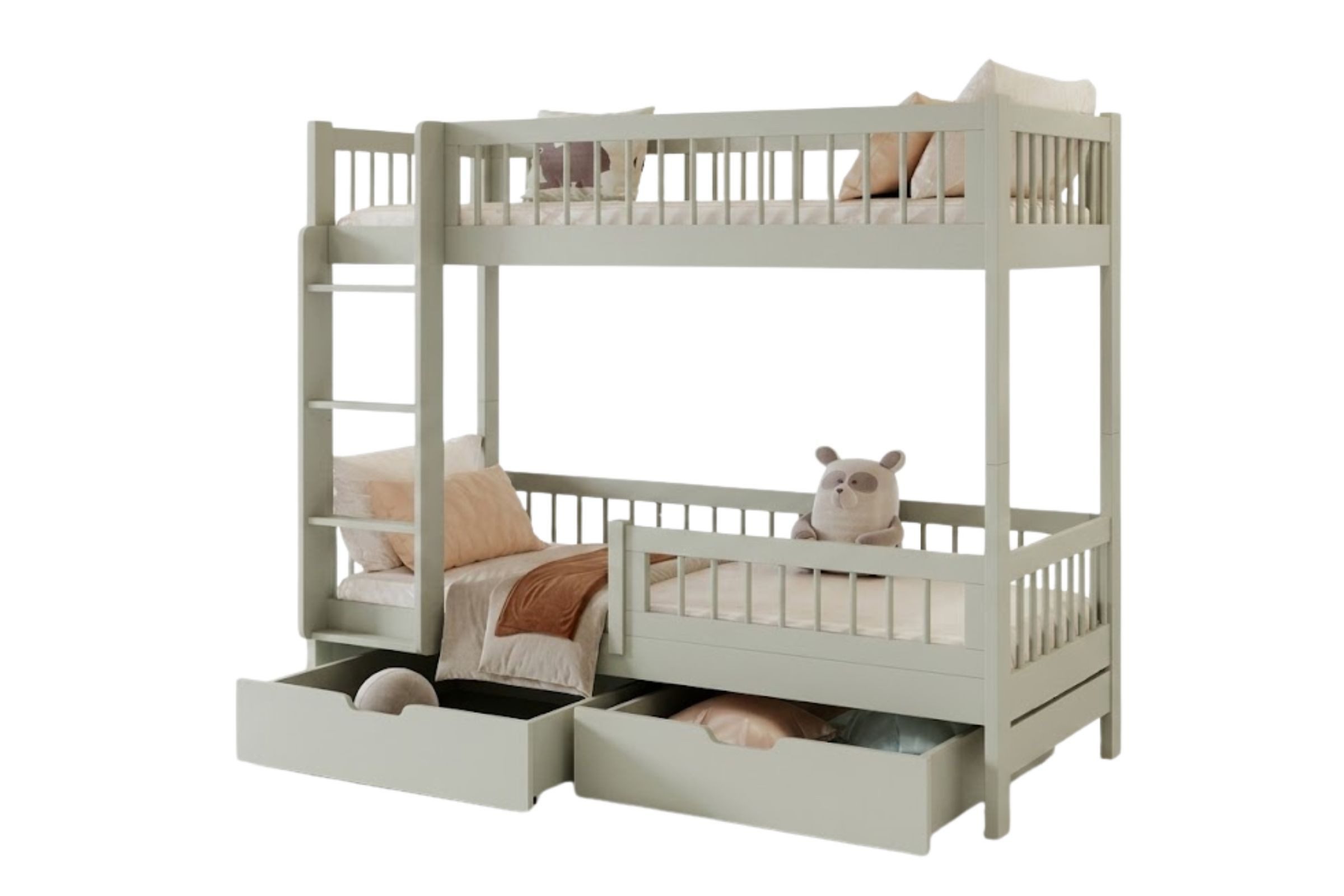 Deine Möbel 24 Etagenbett COLLIN Kinderbett 90x200 cm aus Massivholz Kieferholz (4 Schubladen, Leiter und Rausfallschutz, 1-St., Hochbett mit 2 Schlafplätzen), in Weiß, Natur - Kiefer, Olivgrün, Kaschmir