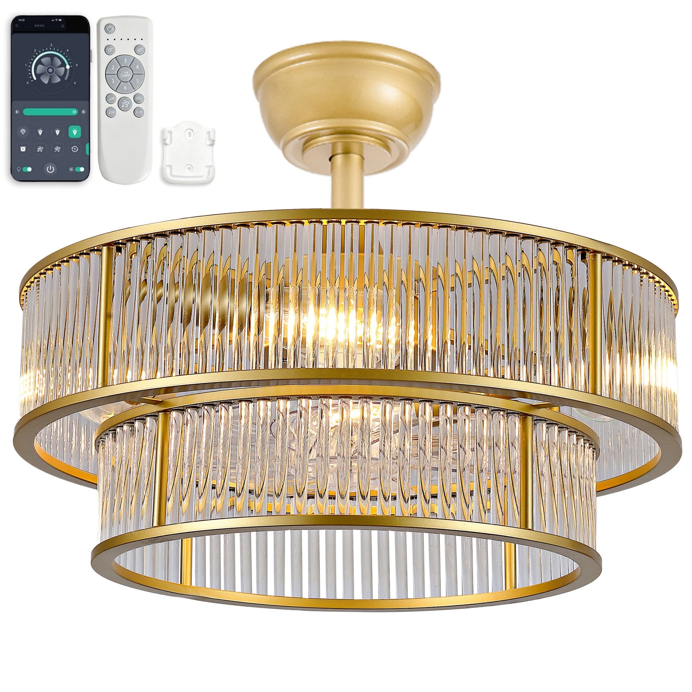 Blossom Deckenventilator 19-Zoll-Kristall-Deckenventilator mit Licht 6 Geschwindigkeiten App, Fernbedienung, ABS-Flügel leiser Motor, für Schlafzimmer Kinderzimmer