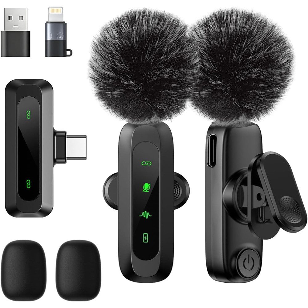 TUWENA Mikrofon 2er Set Kabelloses Lavalier Mikrofon für iPhone, iPad & Android, mit LED-Anzeige, Geräuschunterdrückung, Plug & Play Ansteckmikrofon
