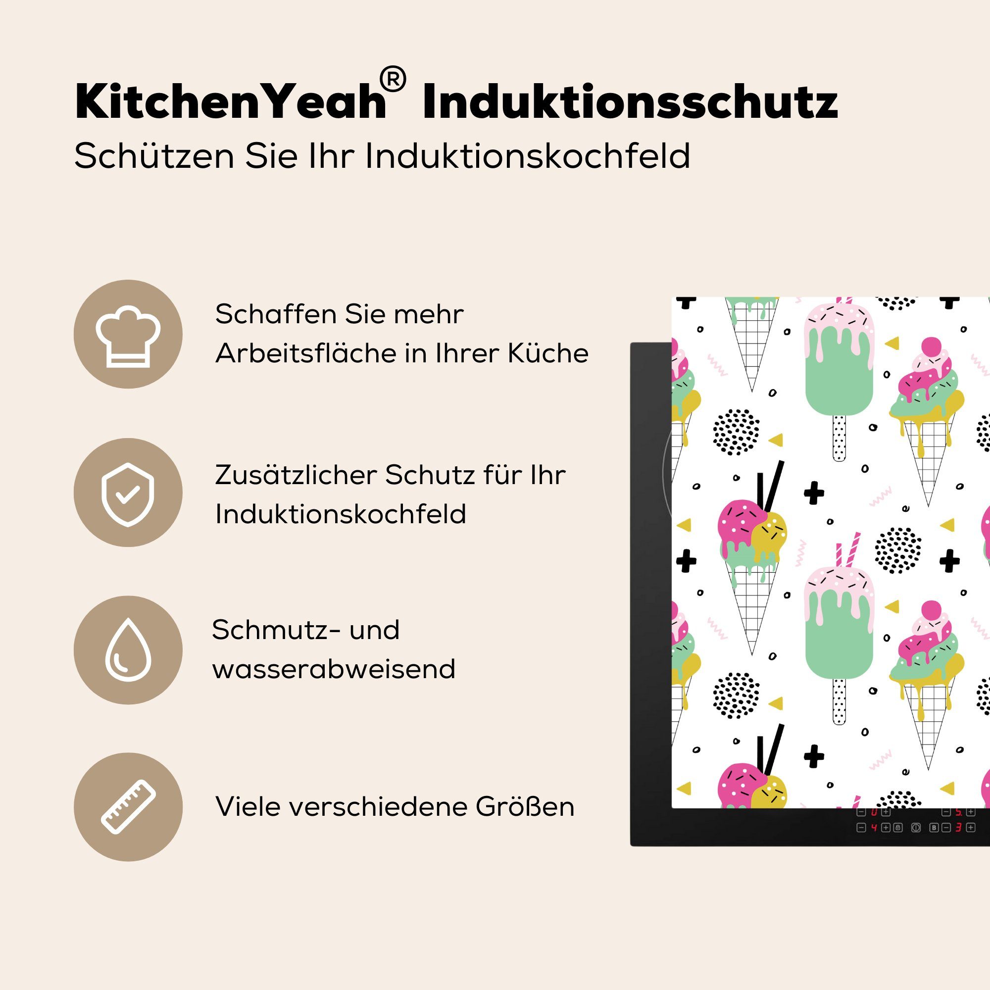 (1 Eiscreme, - tlg), Ceranfeldabdeckung, Vinyl, - cm, küche 78x78 Muster Herdblende-/Abdeckplatte für MuchoWow Sommer Arbeitsplatte