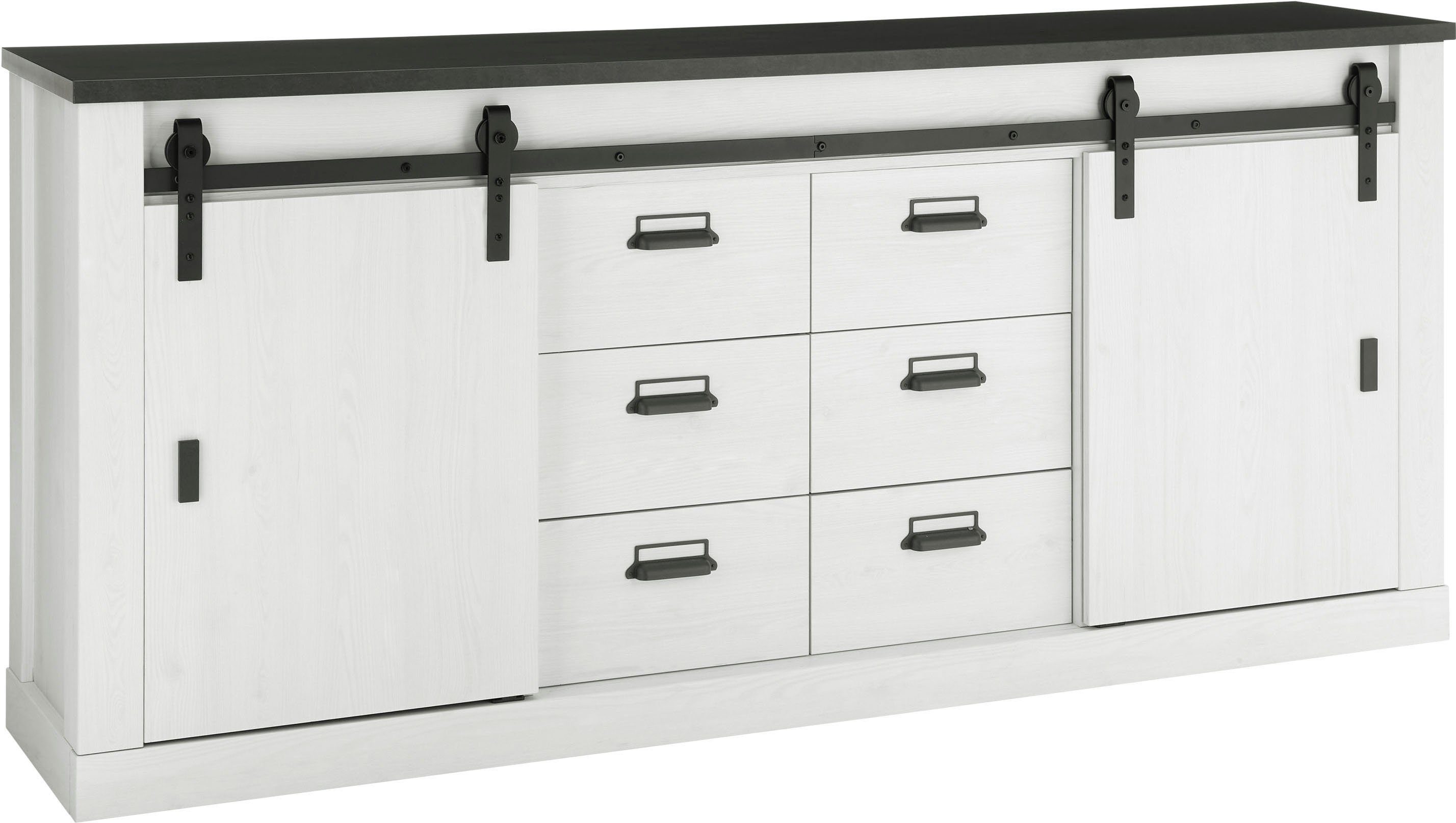 Home affaire Sideboard Sherwood, Kommode im Industrial-Style, Schrank, Stauraumelement, mit Scheunentorbeschlag & Apothekergriffen, in 2 Farben erhältlich