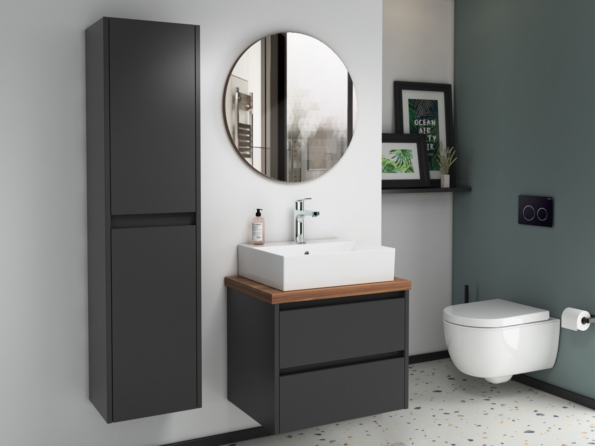 Aqua Bagno Badmöbel-Set Duo Badmöbel 60 cm – Anthrazit Matt Lackiert mit Keramik Waschbecken, (Badschrank vormontiert, 3-St., Badmöbelschrank mit Trägerplatte, Waschbecken), einfache Montage