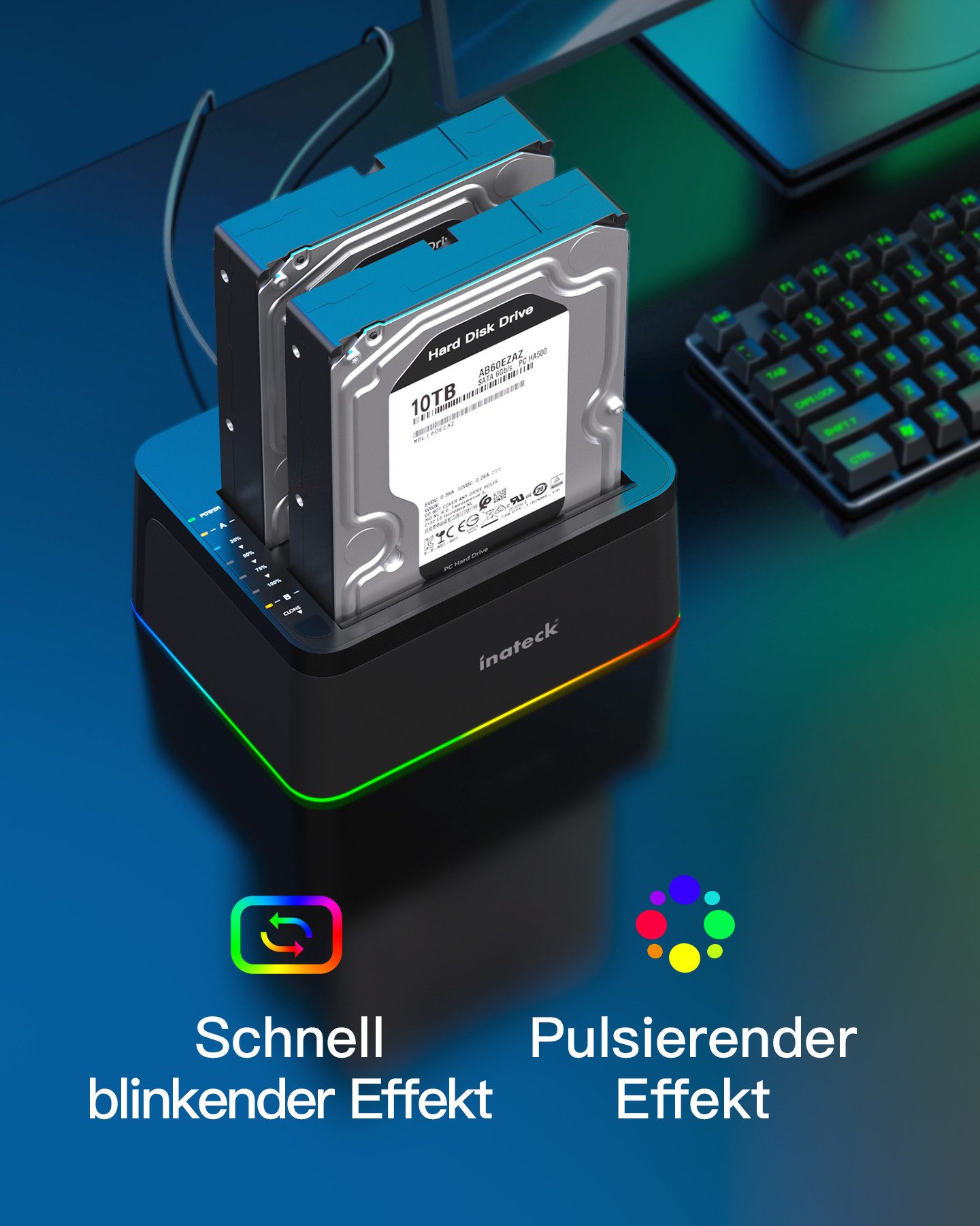 Inateck Festplatten-Dockingstation RGB USB-C Port mit Offline-Klonen, für 2,5/3,5 Zoll SATA HDDs und SSDs, 2 x 20TB Dual Bay Docking Station, UASP unterstützt