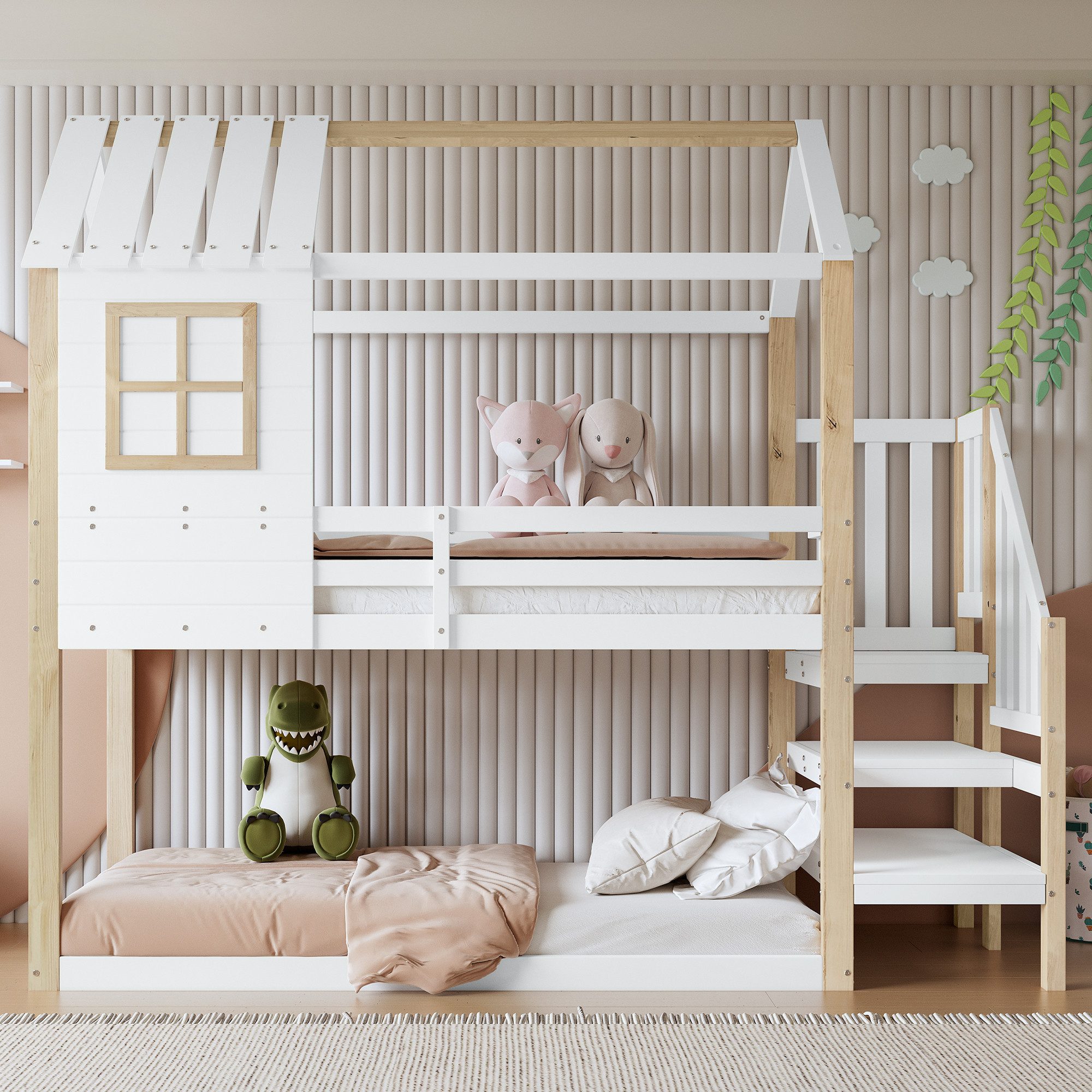 Flieks Etagenbett, Hochbett mit Treppe Hausbett günstig online kaufen