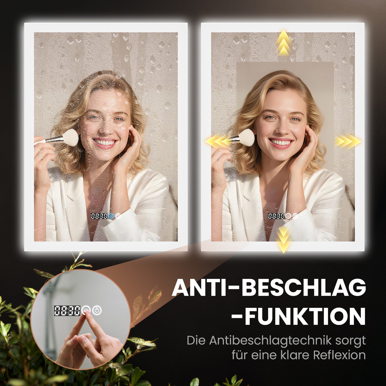 AQUALAVOS Badspiegel LED-Badspiegel 50x70 cm dimmbar Touchsensor Antibeschlag Wandmontage, Mit/ohne Uhr Speicherfunktion Ultraflach Energiesparend Sicher für Ba – Bild 4 von 5