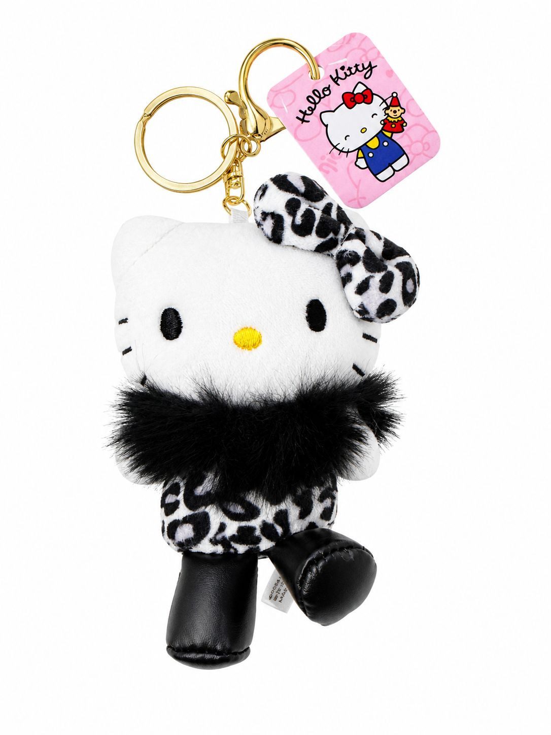 SANRIO Plüschanhänger Hello Kitty Bagclip Kuscheltier Plüsch schwarz Schlüsselanhänger 10cm (Set, 1-St., Plüschtier mit Anhänger), Weicher Taschenanhänger mit Leo-Design, Clip und Schlüsselring