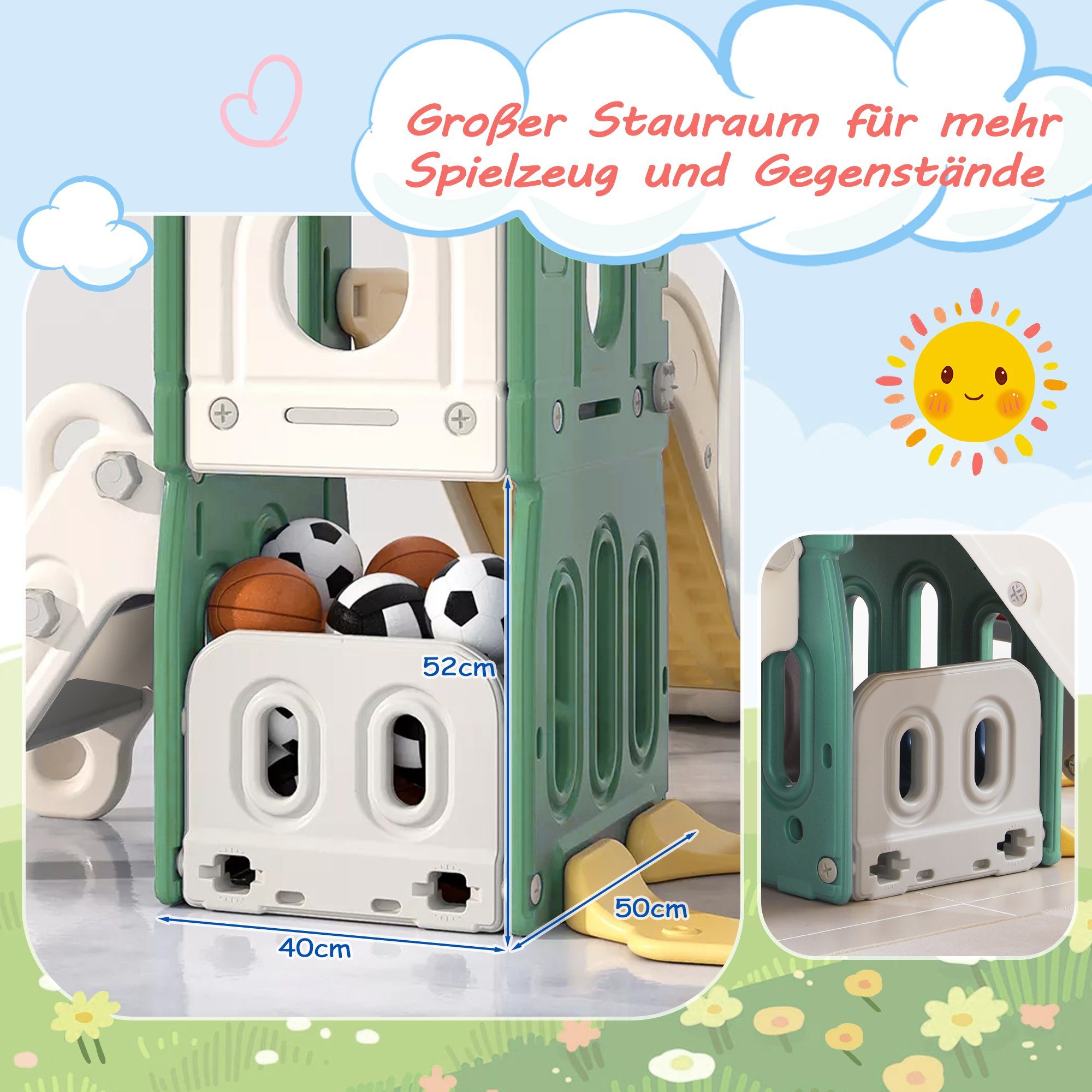 Laufstall HDPE), 5 Schaukel Stauraum, Gelb+Weiß (Basketballrahmen Rutsche, Klettern, Aus für Kinder Kletterspielzeug +Grün in REDOM Kinderrutsche, 1