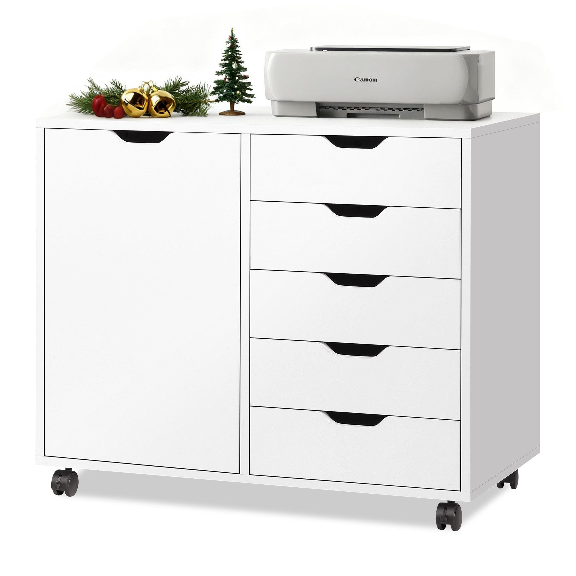 DEVAISE Rollcontainer Mobiler Aktenschrank mit 5 Schubladen & Tür, (78x40x65cm), abschließbar, Druckerständer, für Homeoffice, Büro