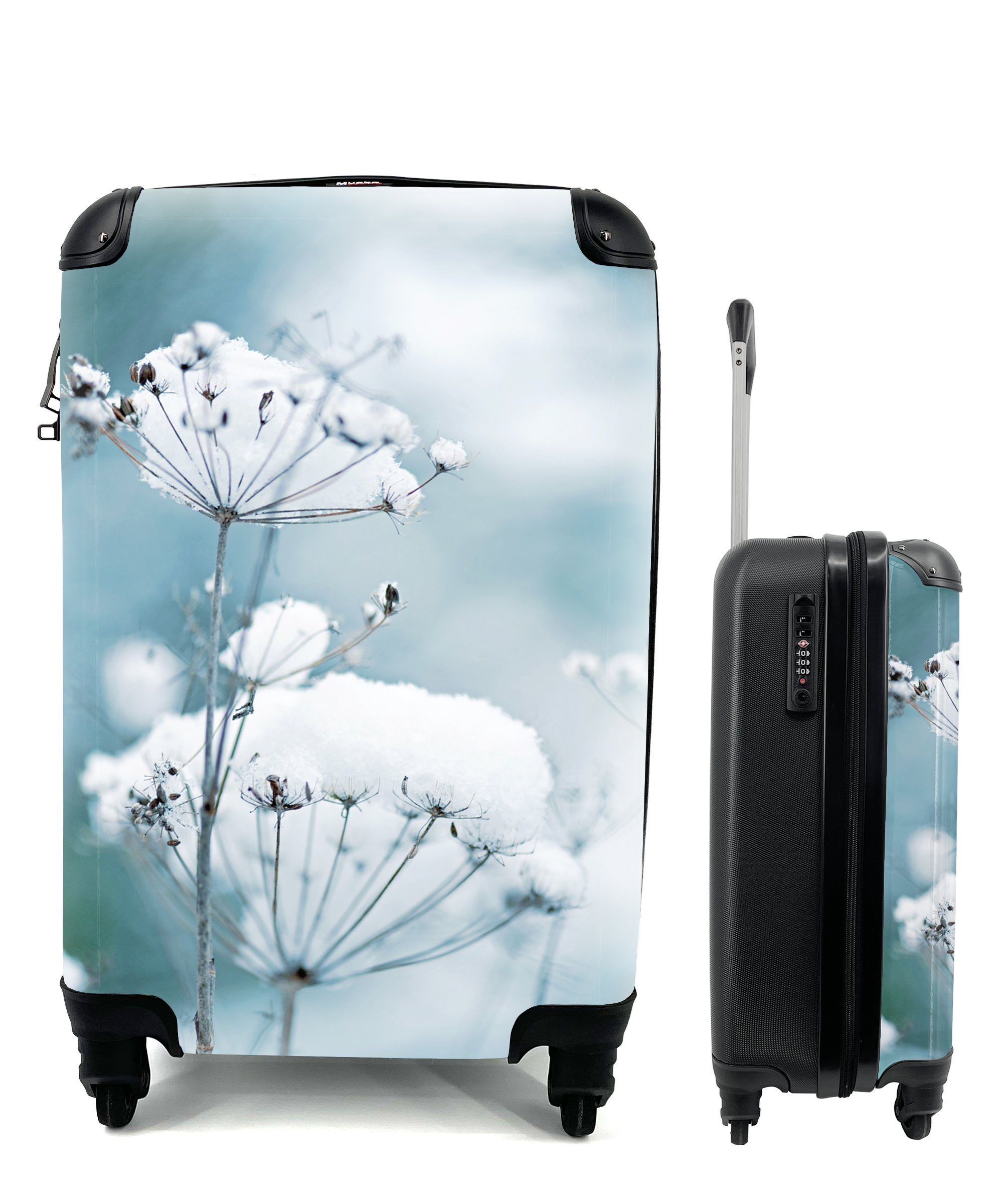 MuchoWow Handgepäckkoffer Schnee - Blumen - Winter - Zweige, 4 Rollen, Reisetasche mit rollen, Handgepäck für Ferien, Trolley, Reisekoffer