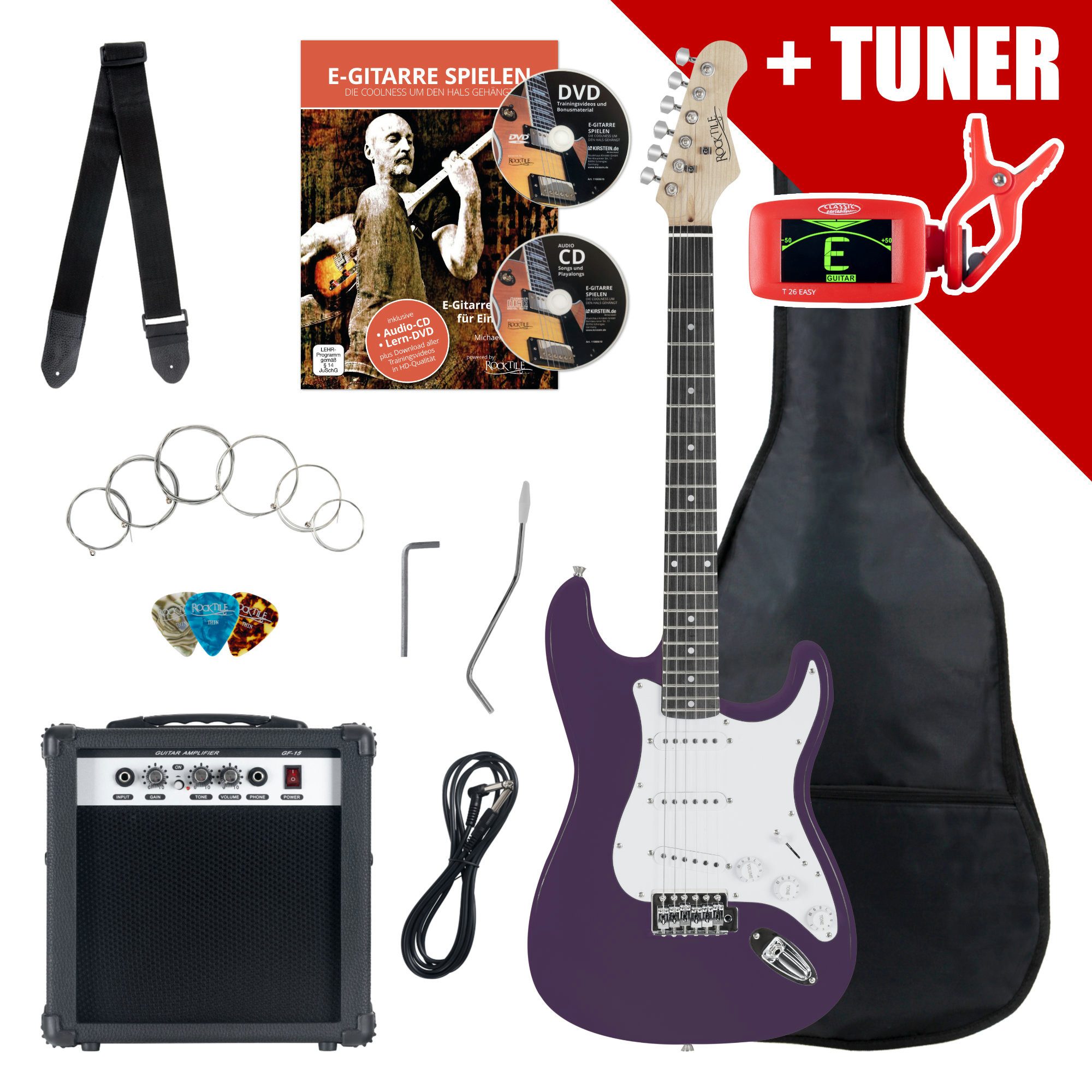 Rocktile E-Gitarre ST-Pack Komplettset E-Gitarre - Ideal für kommende Gitarren-Stars!, Komplettset, inkl. 10 Watt (RMS) Verstärker und Stimmgerät