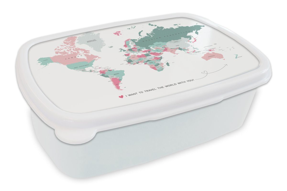 MuchoWow Lunchbox Weltkarte - Pastell - Topographie, Kunststoff, (2-tlg), Brotbox für Kinder und Erwachsene, Brotdose, für Jungs und Mädchen weiß