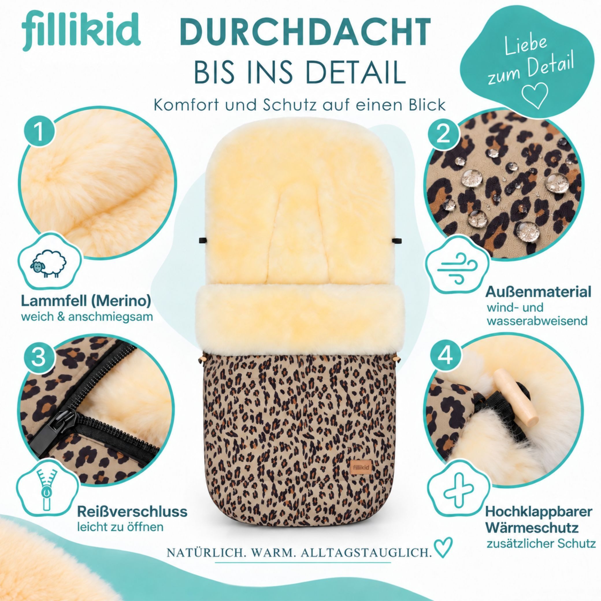 Fillikid Fußsack Winterfußsack Bernina Lammfell Exklusiv, Warmer Winterfußsack mit echtem Merino-Lammfell wasserabweisend und – Bild 3 von 5